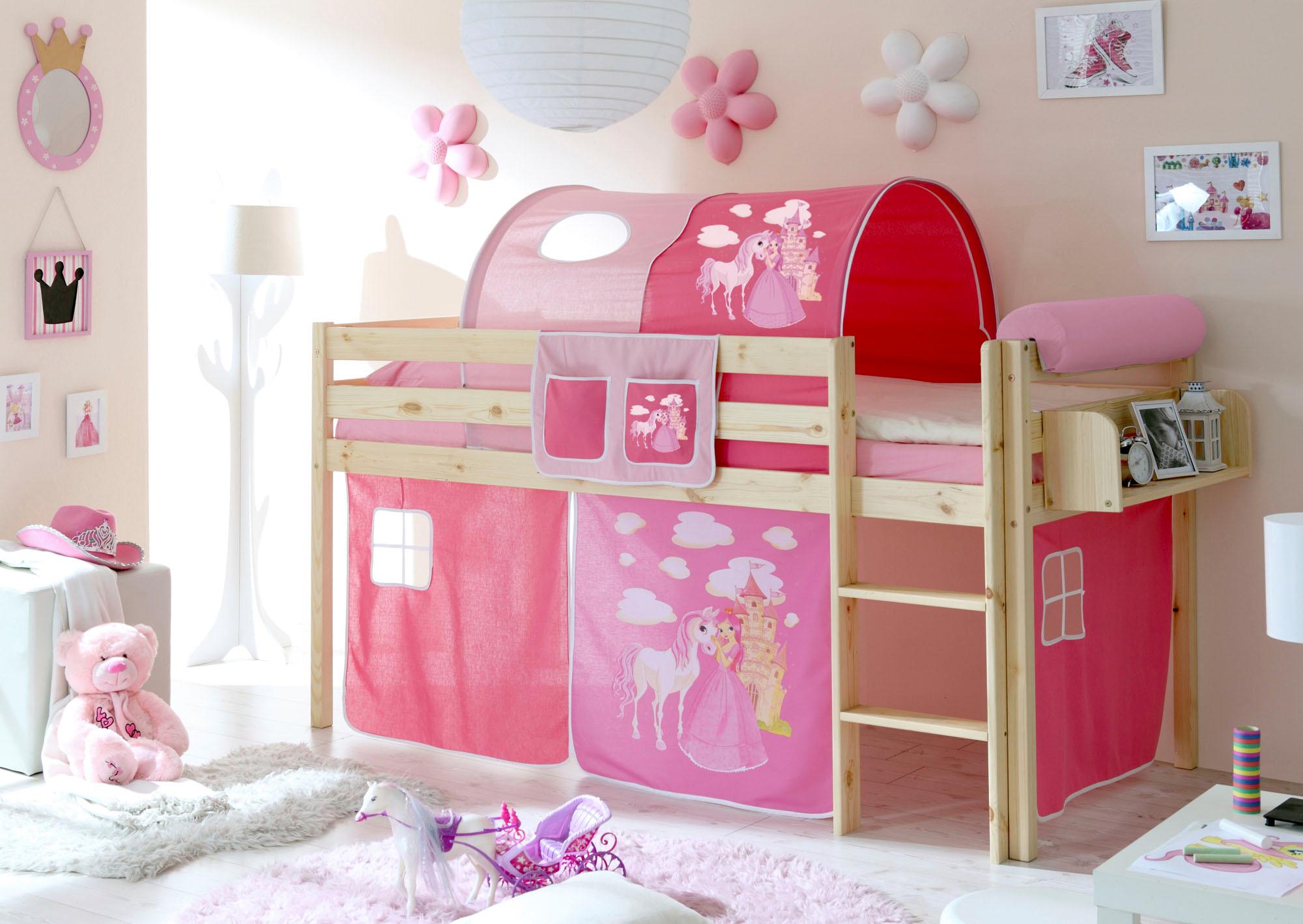 Hochbett TICAA "Malte", rosa (kiefer massiv natur, prinzessin, pink), B:101cm H:114cm L:205cm, Hochbetten, Hochbett, mit Rollrost und in verschiedenen Ausführungen wahlweise mit Matratze