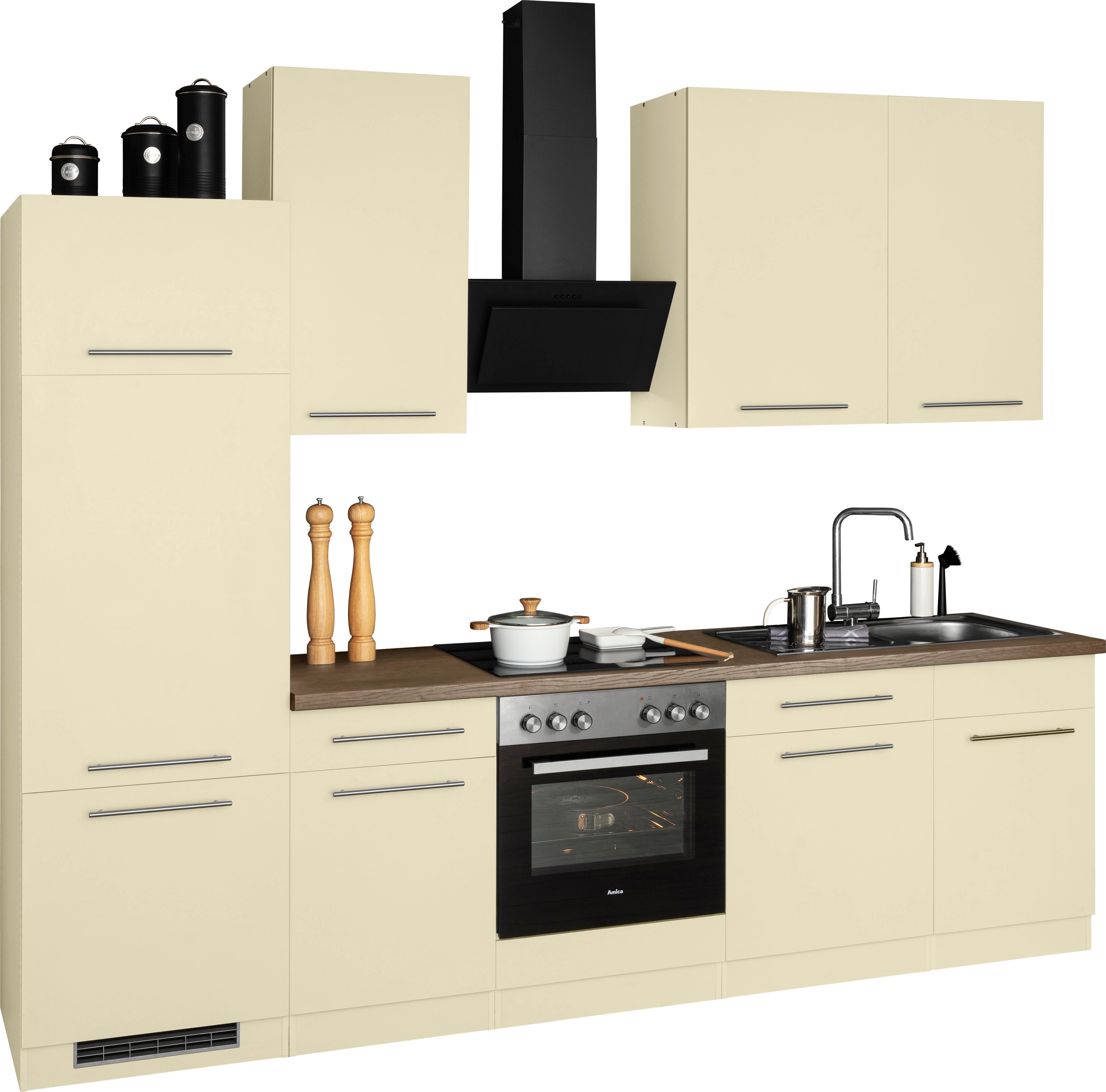 Küchenzeile WIHO KÜCHEN "Unna", gelb (küche: gelb, korpus: magnoliafarben, arbeitsplatte: eiche tabak nachbildung), B:280cm T:60cm, Komplettküchen-Sets, Küchenzeile, ohne E-Geräte, Breite 280 cm Image