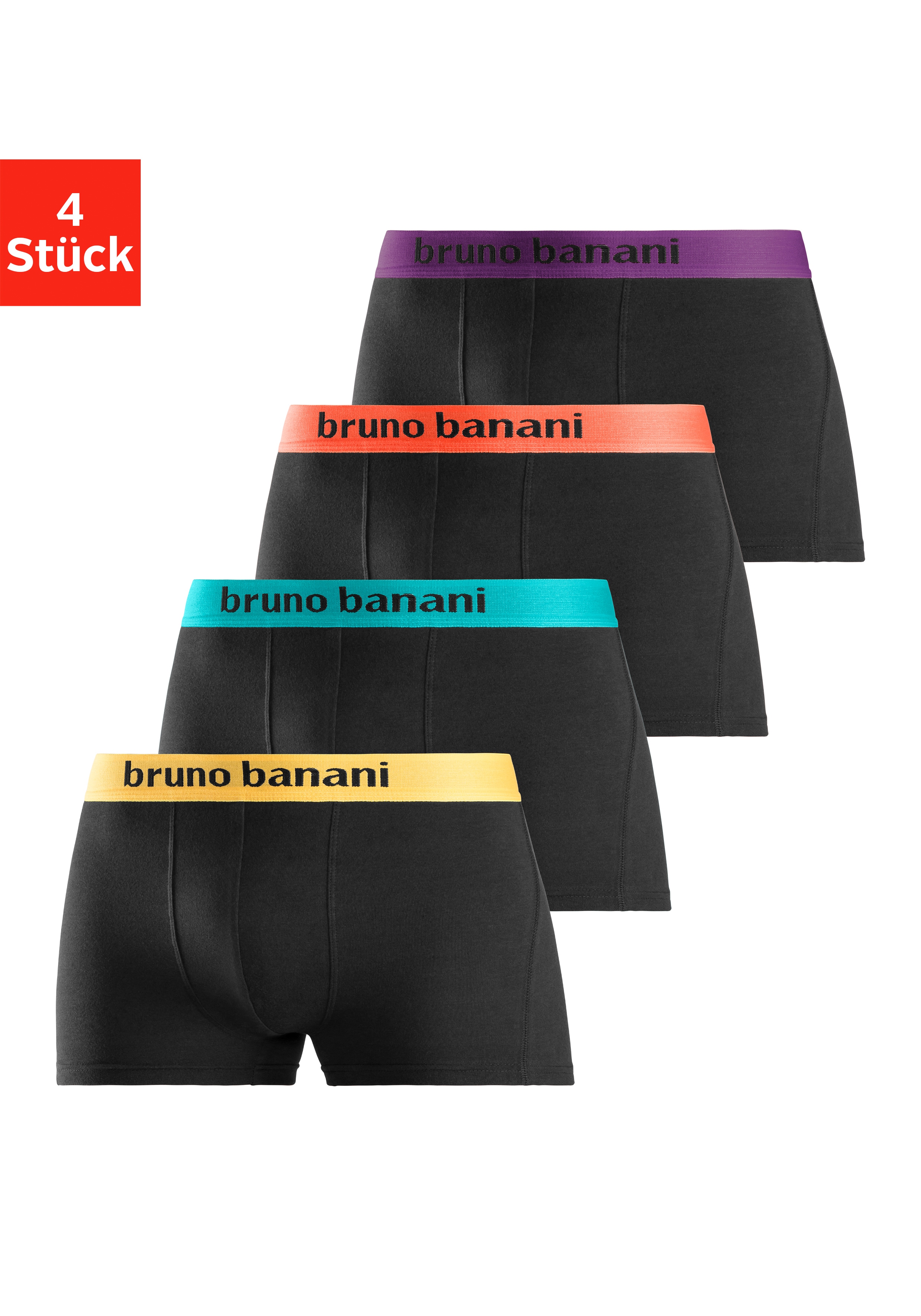 Boxer BRUNO BANANI "Boxershorts für Herren", Herren, Gr. S, 4 Stk., bunt (schwarz, orange, schwarz, türkis, schwarz, gelb, schwarz, lila), Jersey, Obermaterial: 95% Baumwolle, 5% Elasthan, unifarben, Unterhosen, mit farbigen Marken-Schriftzug am...