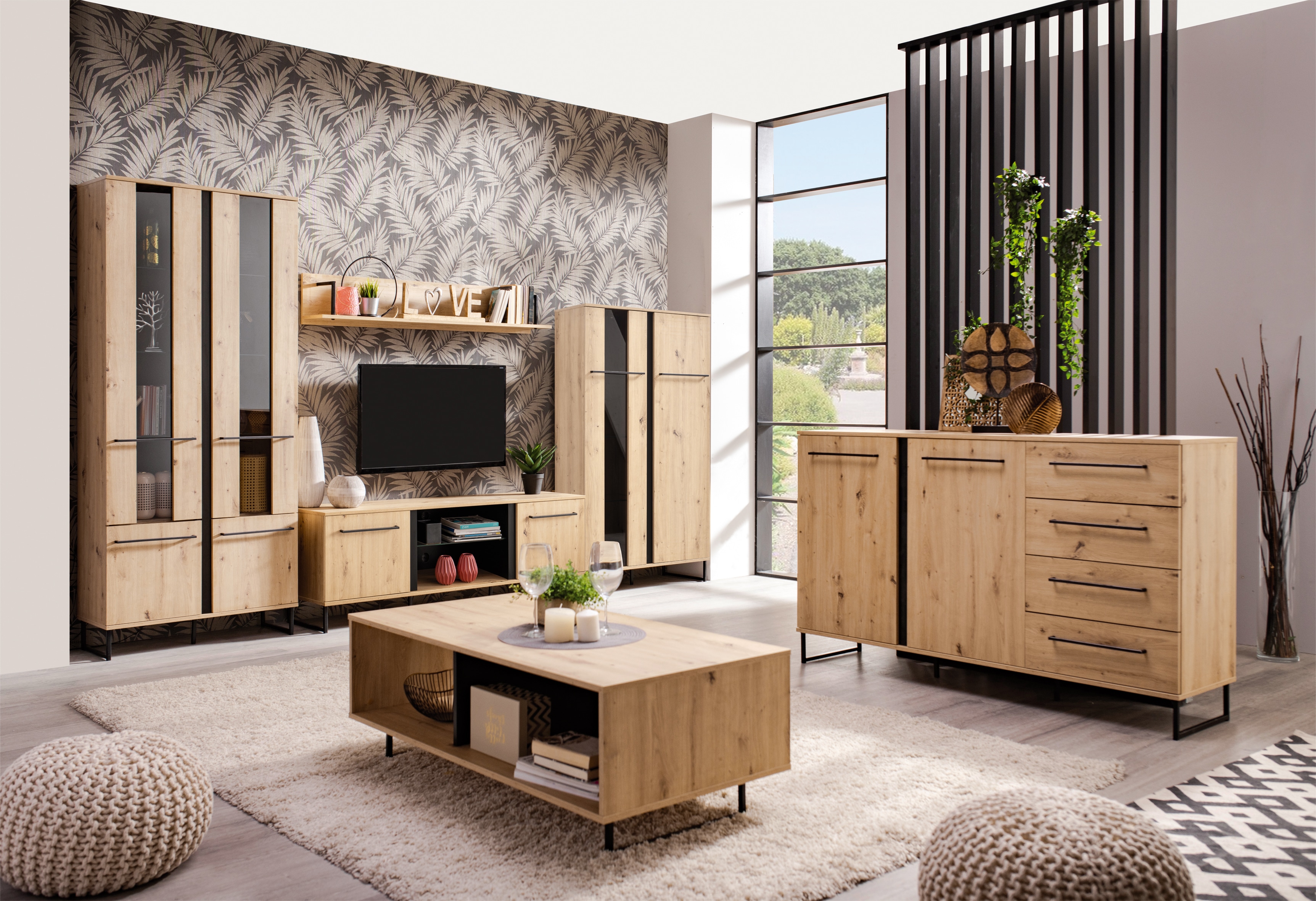 Wohnwand INOSIGN "Sardinia", schwarz (artisan eichefarben, schwarz), Kastenmöbel-Sets, Wohnwand