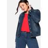 Jeansjacke SHEEGO "Große Größen", Damen, Gr. 40, blau (blau denim), Obermaterial: 98% Baumwolle, 2% Elasthan, unifarben, casual, figurbetont kurz, Langarm, Jacken, in modisch kurzer Form