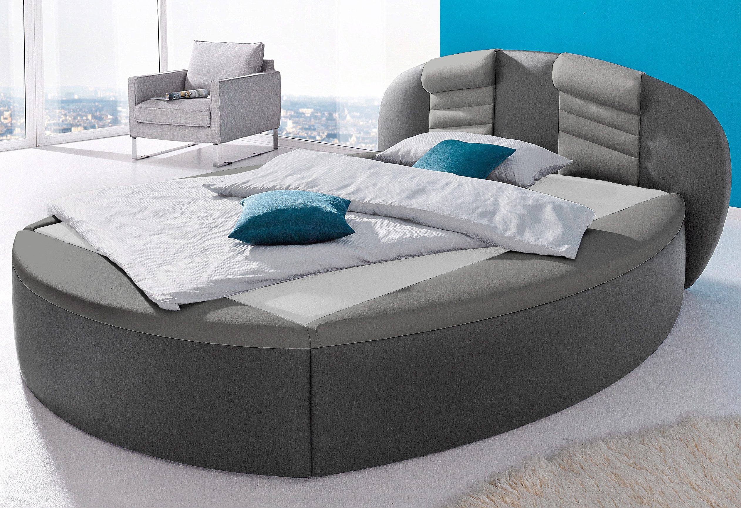 Rundbett, grau (dunkelgrau, hellgrau), B:200cm L:230cm, Bezug Bett: Kunstleder;Bonnell-Federkernmatratze: 51% Polypropylen, 39% Polyester, 10% Baumwolle;Kaltschaummatratze: 100% Polyester, Bezug abnehm- und waschbar bis 60C, WESTFALIA SCHLAFKOMFORT,...