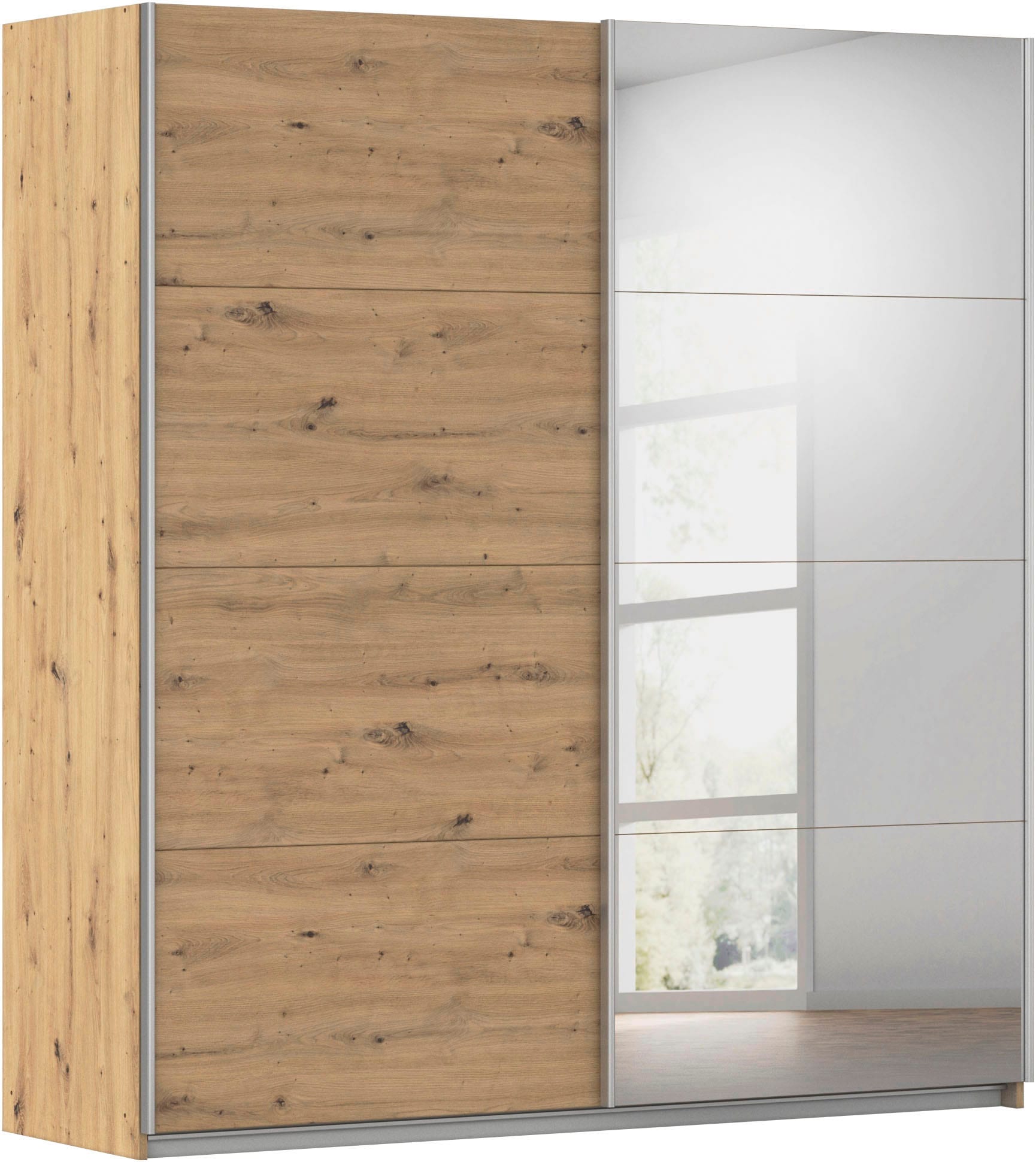 Schwebetürenschrank RAUCH "Subito Kleiderschrank Bestseller", braun (eiche artisan), B:181cm H:197cm T:61cm, Holzwerkstoff, Schränke, Schwebetürenschrank, Schlafzimmerschrank Schrank Garderobe mit 4 Spiegelelementen