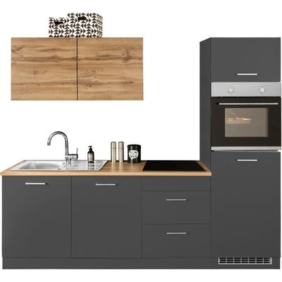 Küchenzeile KOCHSTATION "KS-Kehl", front: grau, wotaneichefarben, korpus: grafit, arbeitsplatte: wotaneichefarben, B:240cm T:60cm, Komplettküchen-Sets, ohne E-Geräte, Breite 240 cm, für Kühlschrank Image