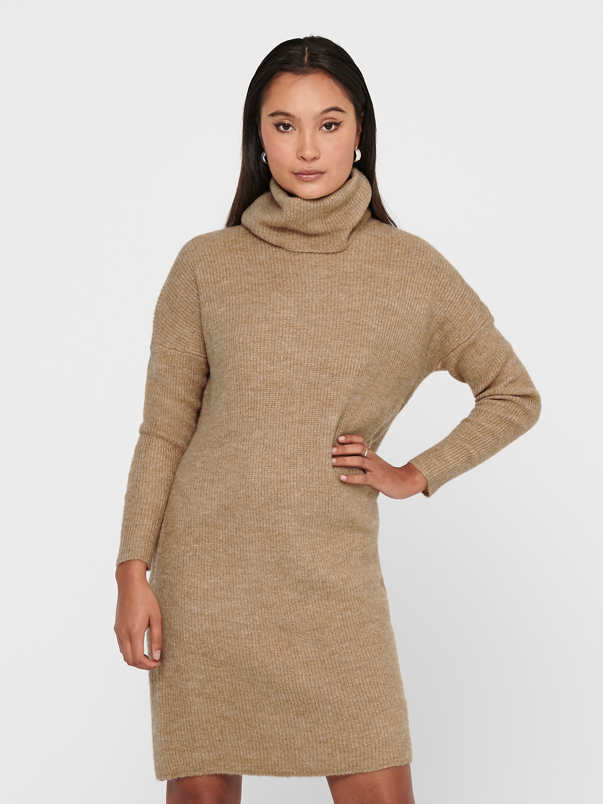 Strickkleid ONLY "ONLJANA L/S COWLNCK DRESS", Damen, Gr. M, N-Gr, beige (colorot indian tan), Rippstrick, Obermaterial: 62% Polyacryl, 15% Nylon, 13% Polyester, 7% Wolle, 3% Elasthan, unifarben, Casual, ca. Mitte Oberschenkel, Kleider Image