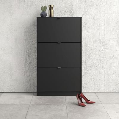 Schuhschrank INOSIGN "Shoes Schuhaufbewahrung, Schuhkommode, Schuhregal", schwarz (schwarz, matt), B:70,3cm H:123,6cm T:24,05cm, FSC-zertifizierter Holzwerkstoff, Schränke, mit drei Klappen, 2 Böden, Höhe 123 cm, ca. 18 Paar Schuhe Image