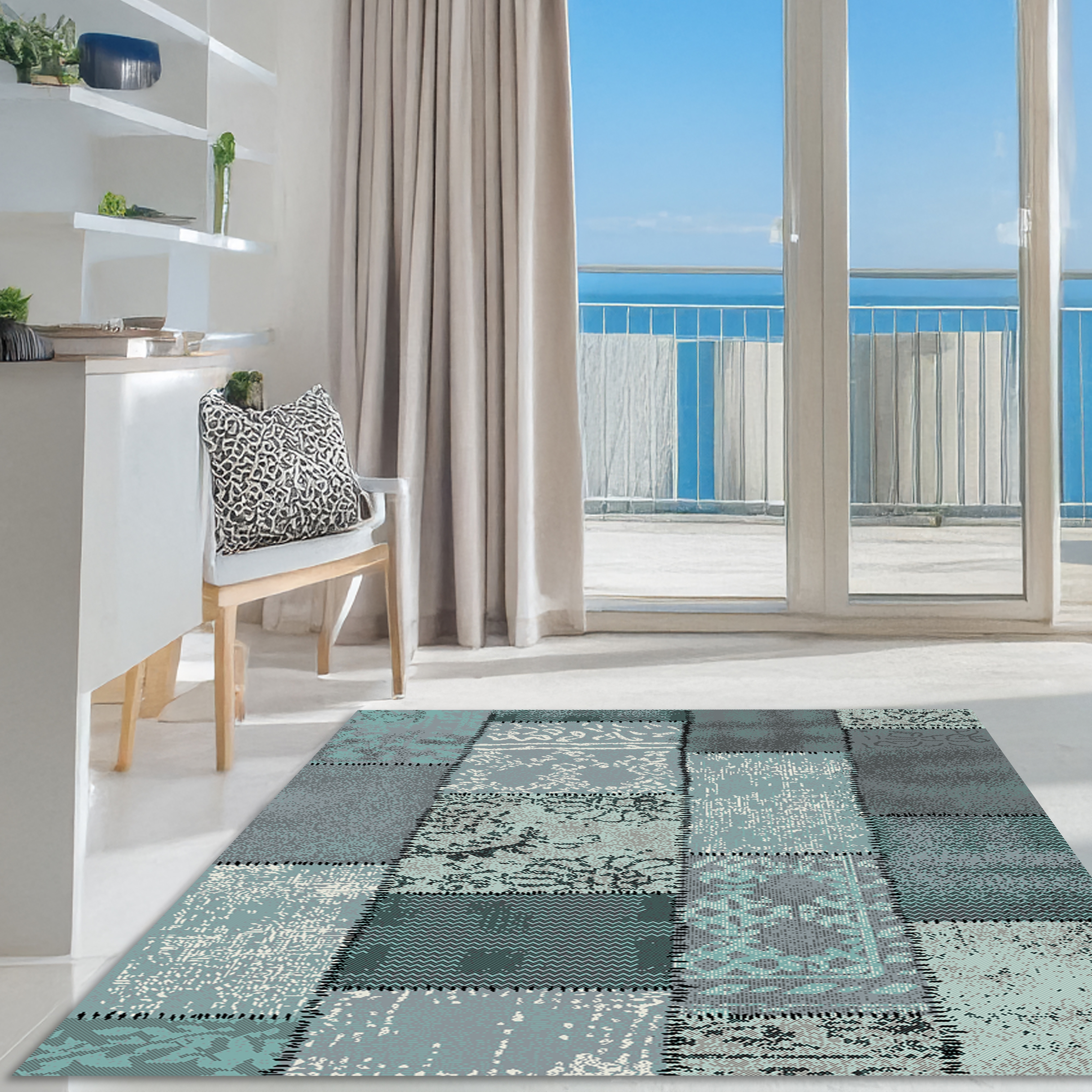 Teppich MY HOME "Garry" Gr. 6, blau (türkis), B:190cm H:7mm L:280cm, Jute, Kunstfaser, Teppiche, Teppich, Vintage, Kurzflor, Patchwork-Design, farbenfroh, Wohnzimmer