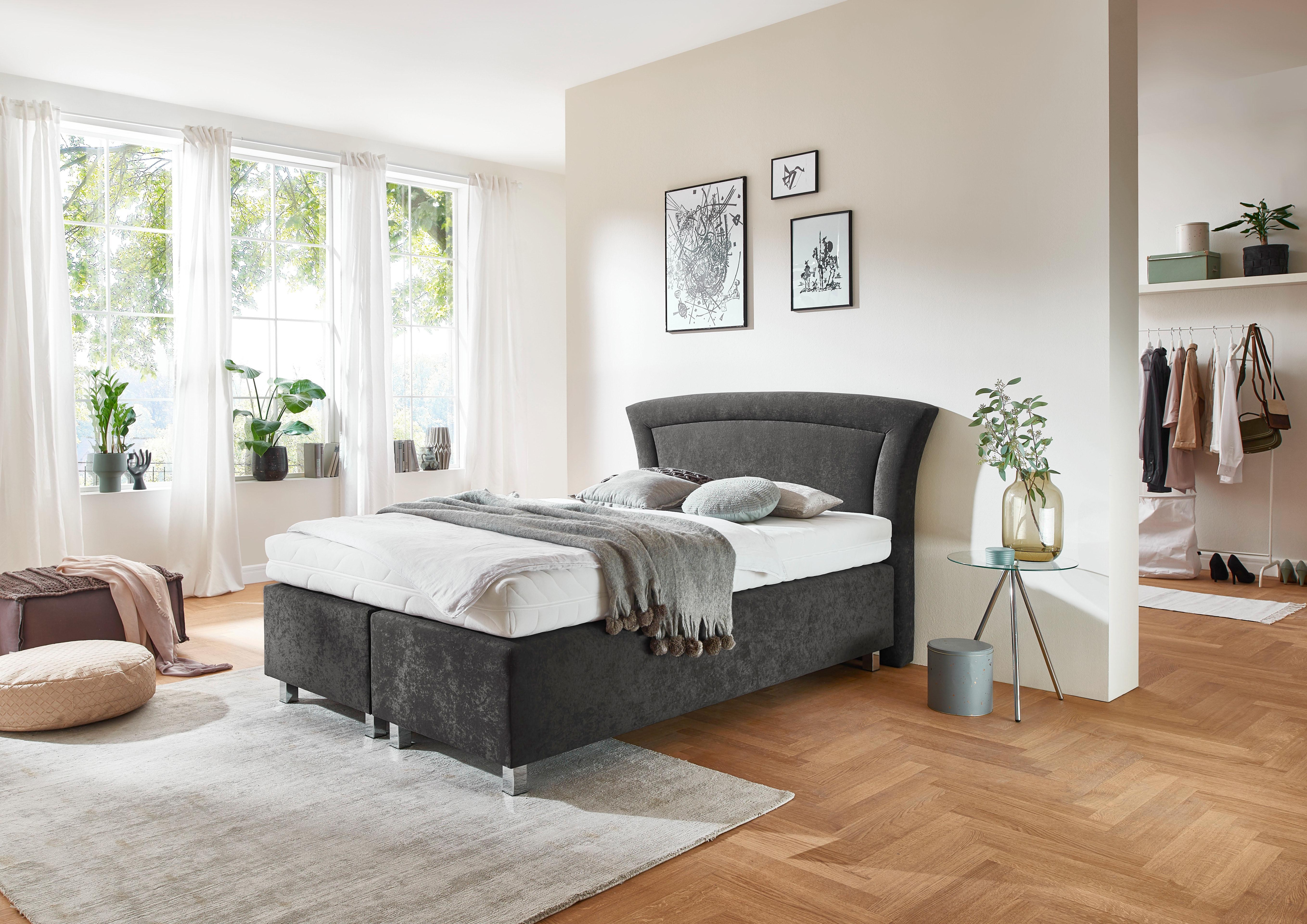 Boxspringbett, grau (mikrovelours anthrazit), Liegefläche B/L: 140cm x 200cm, H3, Bonnell-Federkernmatratze, Bezug Unterbox und Kopfteil: Mikrovelours, 100% Polyester;Bezug Obermatratze 100% Polyester, waschbar bis 60C, WESTFALIA SCHLAFKOMFORT,...