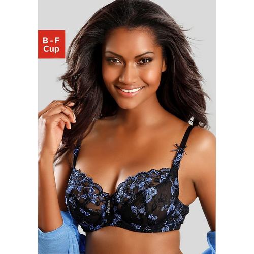 Bügel-BH LASCANA Gr. 75, Cup F, blau (blau, schwarz) Damen BHs BH Bügel-BH Dirndl-BH Hochzeitsdessous Hochzeitswäsche Spitzen-BH Spitzenwäsche Trachtenwäsche mit transparenter Stickerei-Spitze, Dessous