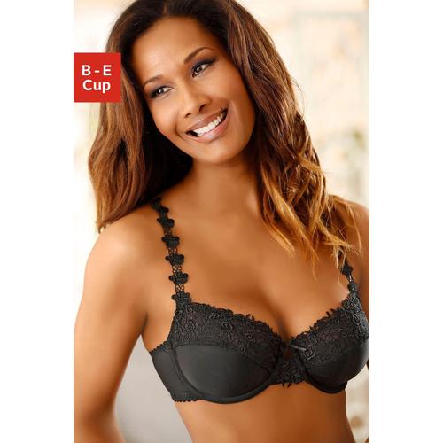 Bügel-BH NUANCE Gr. 80, Cup C, schwarz Damen BHs BH Bügel-BH Dirndl-BH Hochzeitsdessous Hochzeitswäsche Spitzen-BH Spitzenwäsche Balconette-BH Trachtenwäsche mit schöner Stickereispitze am Obercup und den Trägern, Dessous