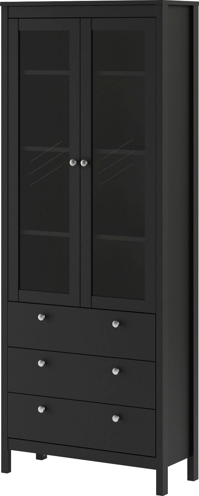 Vitrine HOME AFFAIRE "Madrid, Glasvitrine Vitrinenschrank Ausstellung Sammelvitrine", schwarz (schwarz matt), B:78cm H:199cm T:32,5cm, Spanplatte, Schränke, Vitrine, mit 2 Glastüren und 3 Schubladen, Breite 78 cm