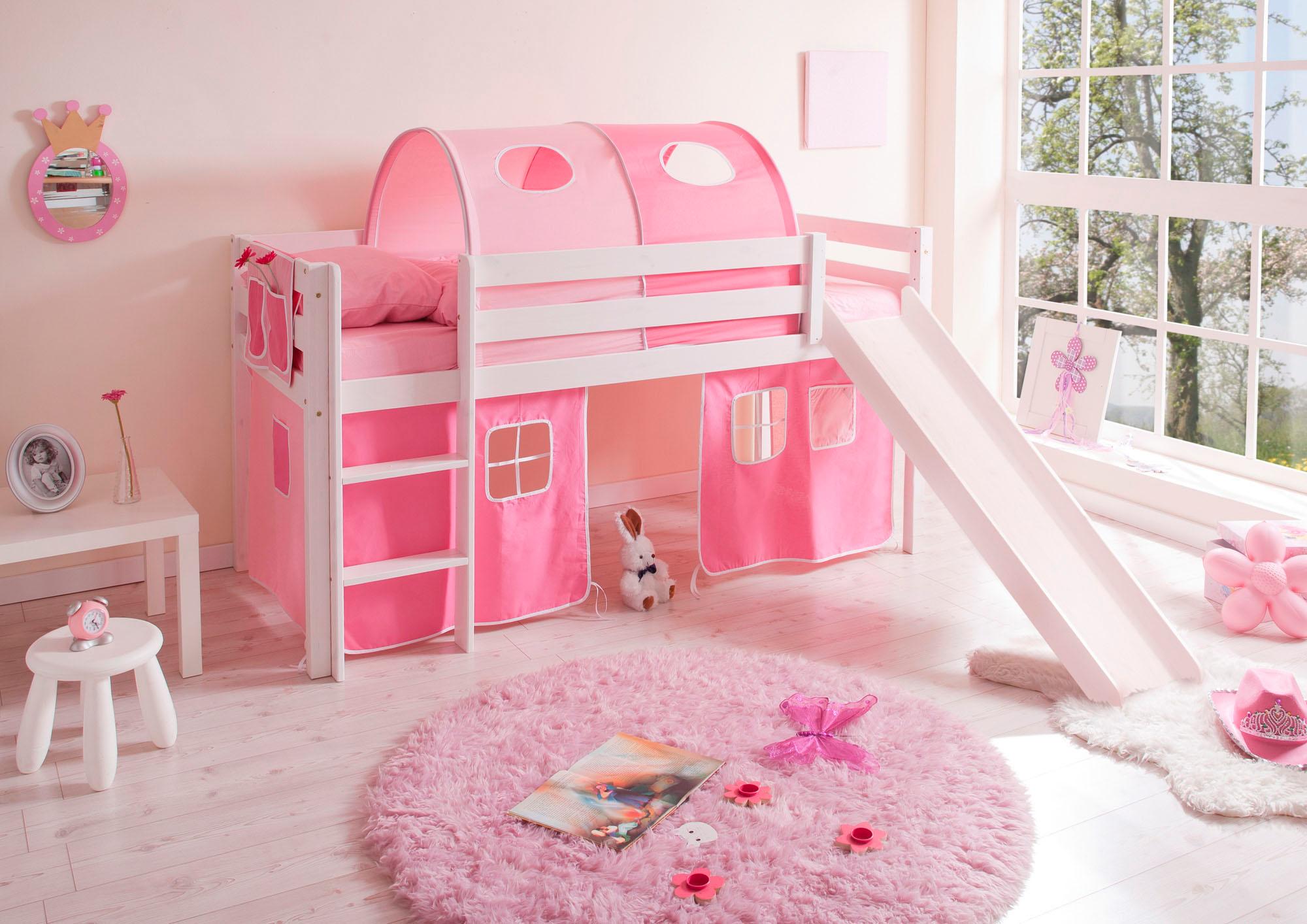 Hochbett TICAA "Manuel", rosa (kiefer massiv weiß, rosa, pink), B:217 H:114 L:205, Hochbetten, mit Rollrost in verschied. Ausführungen wahlweise mit Matratze, weiß Image