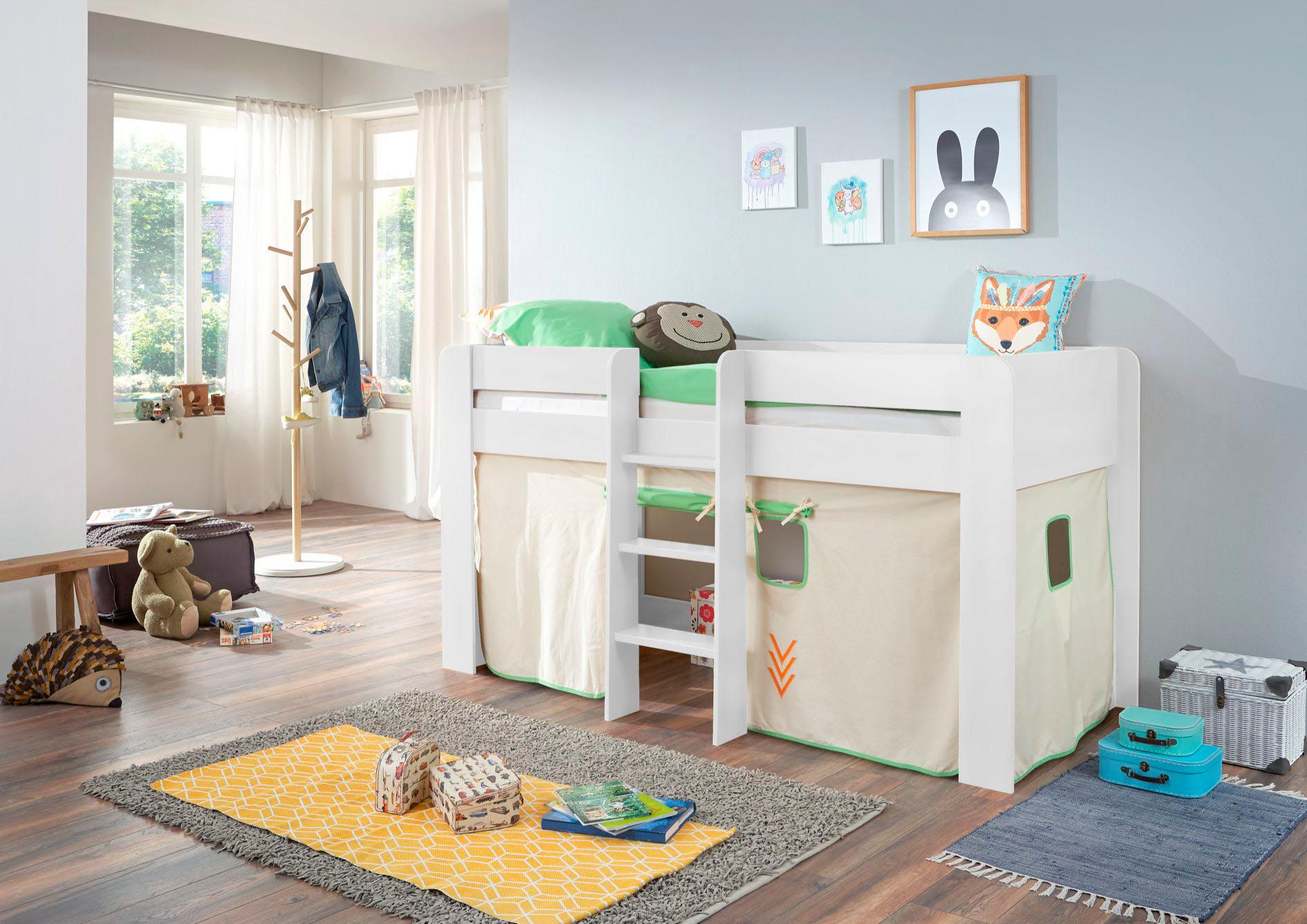 Hochbett RELITA "Andi", weiß (buche dekor weiß beige, grün), Liegefläche B/L: 90cm x 200cm, kein Härtegrad, kein Härtegrad, Spanplatte: Buche Nachbildung Melamin weiß lackiert;Stoff: 100% Baumwolle (bei 30 C waschbar), Hochbetten, Hochbett, mit...