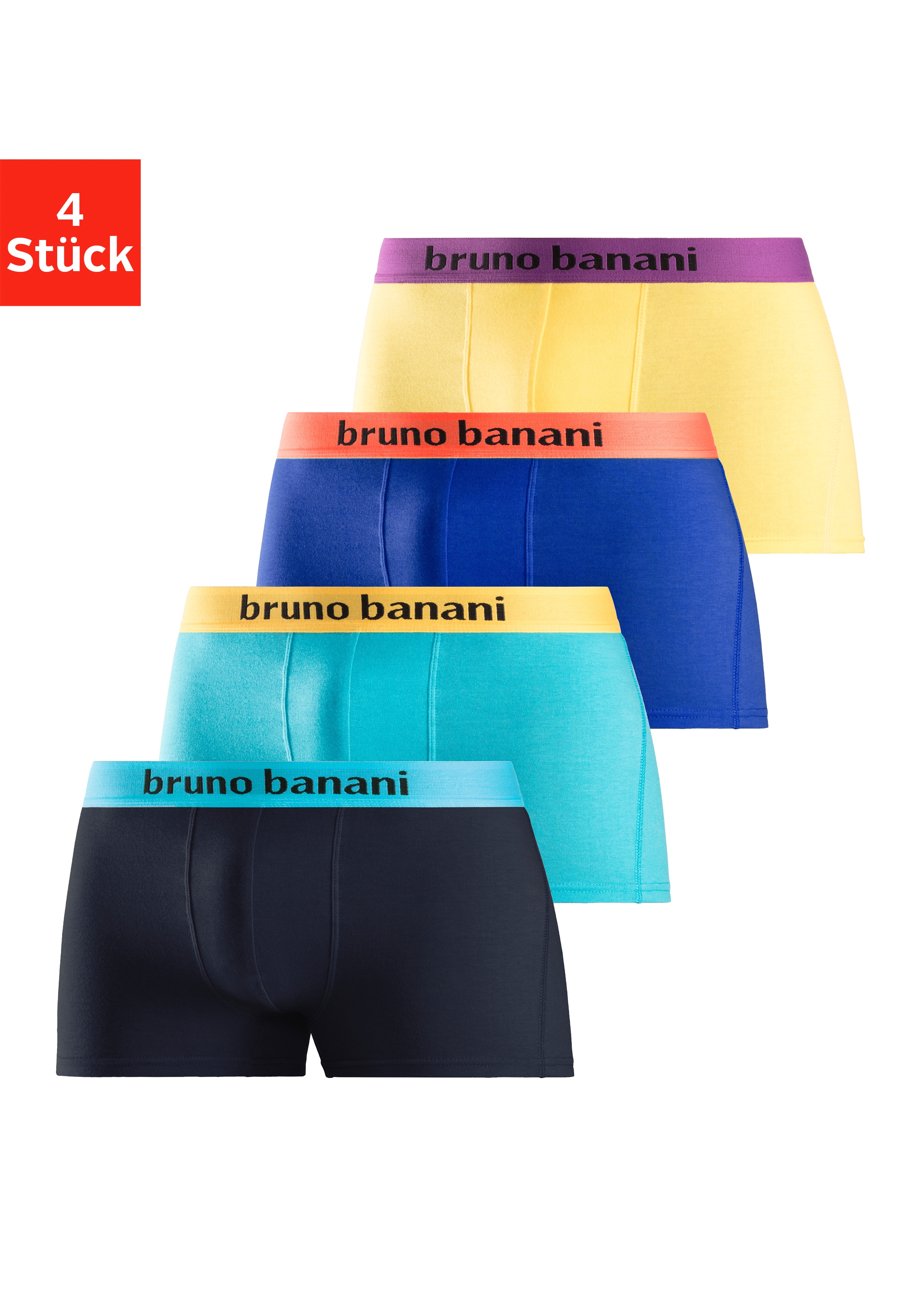 Boxer BRUNO BANANI "Boxershorts für Herren", Herren, Gr. S, 4 Stk., bunt (gelb, türkis, royalblau, navy), Jersey, Obermaterial: 95% Baumwolle, 5% Elasthan, unifarben, Unterhosen, mit farbigen Marken-Schriftzug am Bündchen