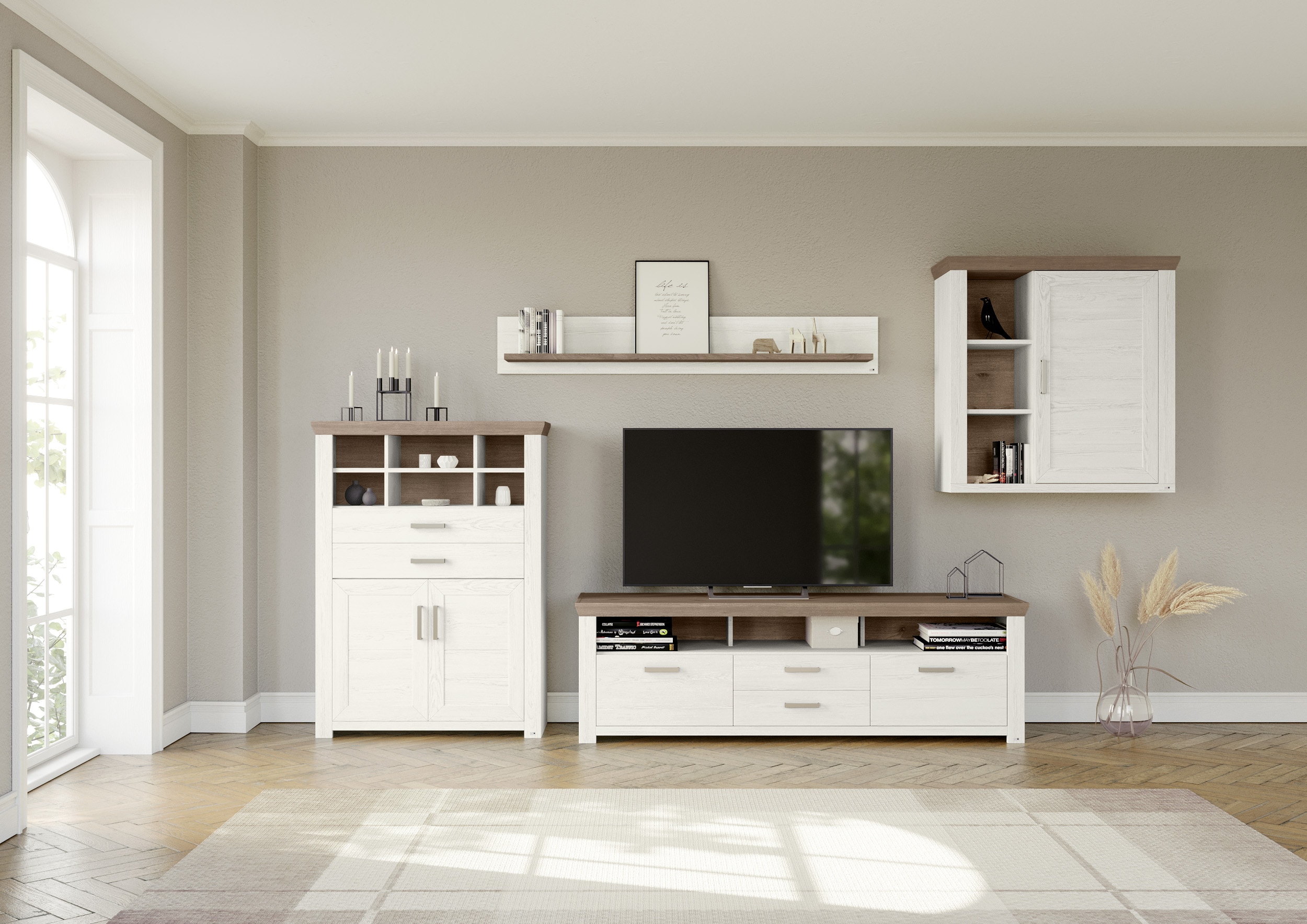 Wohnwand "York", weiß (weiß, eiche hell), B:374cm H:207cm T:51cm, MDF, SET ONE BY MUSTERRING, Kastenmöbel-Sets, Kombination 01, in 3 Farbvarianten, Gesamtbreite 374 cm