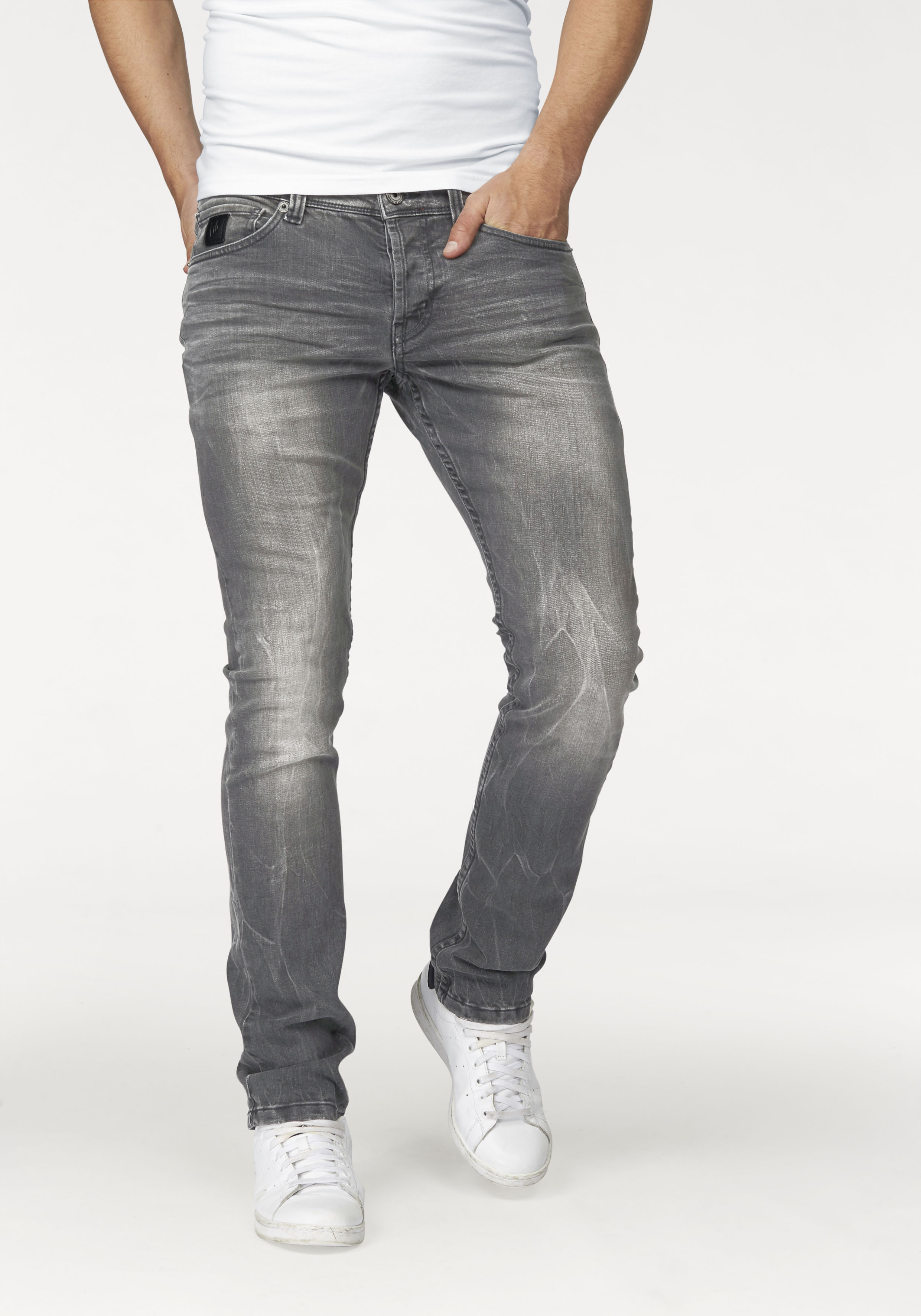 Slim-fit-Jeans BRUNO BANANI "Jimmy (Stretch)", Herren, Gr. 33, Länge 34, grau (grau used), Obermaterial: 98% Baumwolle, 2% Elasthan, schmal lang, Jeans Slim-fit-Jeans, schmale Beinform, niedrige Leibhöhe, mit Button-Fly