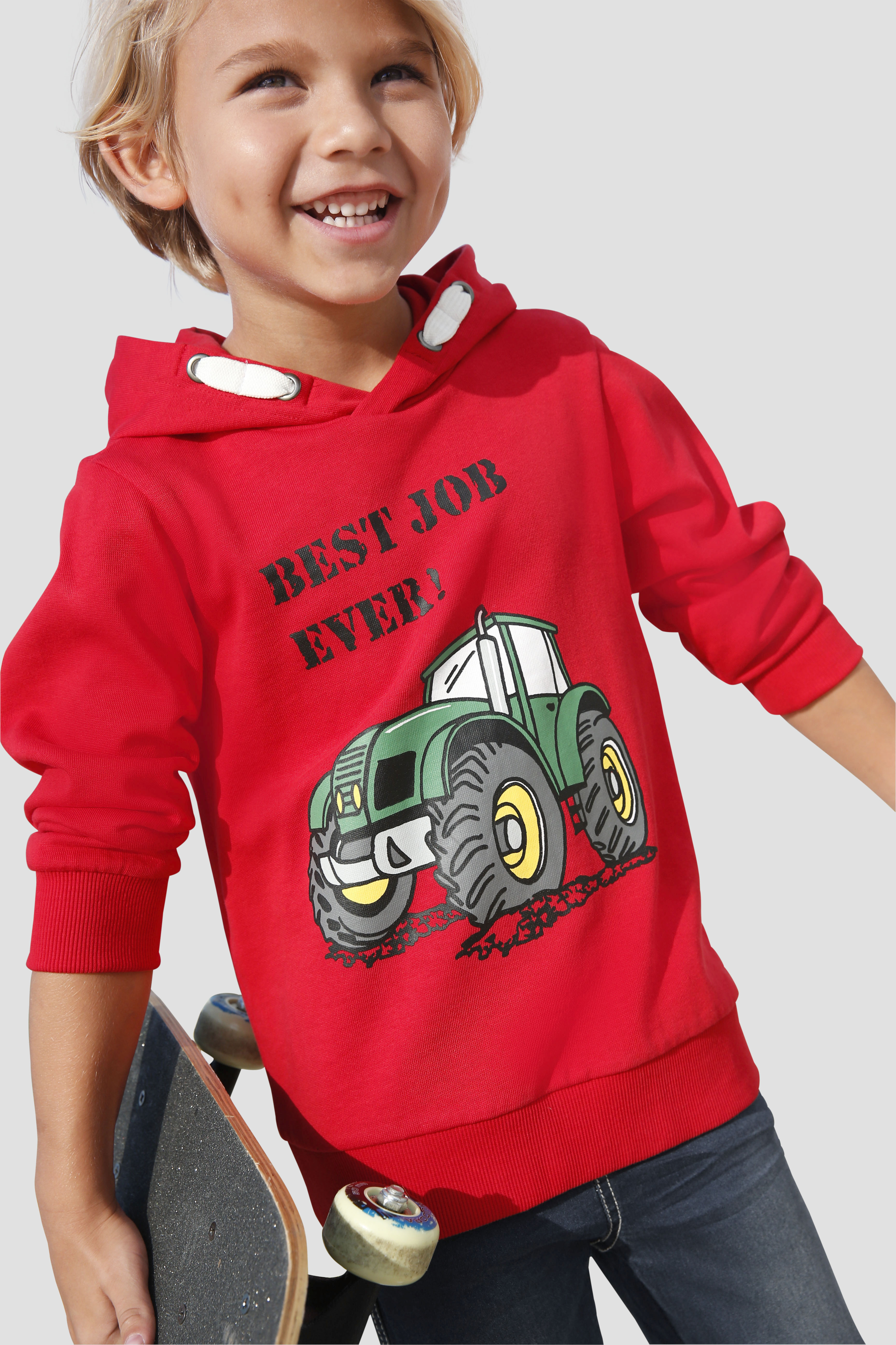 Kapuzensweatshirt KIDSWORLD "BEST JOB EVER", Jungen, Gr. 116/122, rot, angeraute Sweatware, Obermaterial: 100% Baumwolle. Kapuzenfutter: 100% Baumwolle, bedruckt, Basic, Bündchen, Sweatshirts, Kapuzensweatshirt mit Traktor-Print