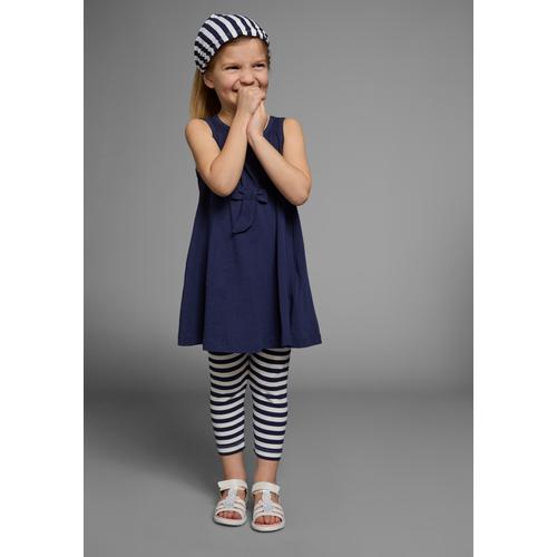 Kleid, Leggings & Haarband KIDSWORLD Gr. 104/110, blau (marine, weiß) Mädchen KOB Set-Artikel Spar-Sets Capri und Haarband maritim geringelt