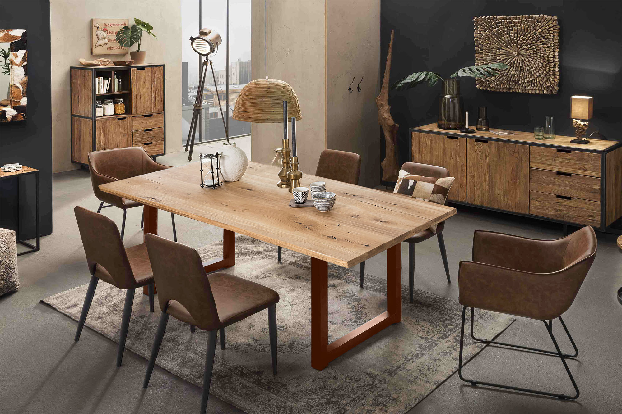 Esstisch SIT, braun (natur, antikbraun, antikbraun, natur), B:220cm H:75cm T:100cm, Platte Wildeiche geölt, Gestell Metall, Tische, Rechteckiger Esstisch Esstisch Holz-Esstische, Kufengestell im industriellen Antiklook