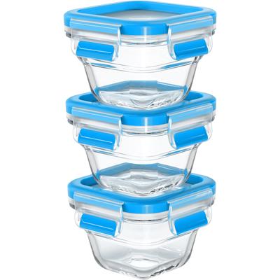 Frischhaltedose EMSA "N10507 Clip & Close Glas", blau, B:10,6cm H:6,9cm L:10,6cm, Glas, Kunststoff, Lebensmittelaufbewahrungsbehälter, 3 x 0,18L, gefrierfest, backofenfest, mikrowellenfest, 100% dicht Image