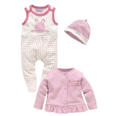 Strampler, Jäckchen & Mütze KIDSWORLD "3tlg Baby-Set, für kleine Mädchen", Baby, Gr. 50/56, rosa (rosa, weiß), Obermaterial: 100% Baumwolle, gemustert, bedruckt, modisch, KOB Set-Artikel Baby-Set Erstausstattungspaket, aus Bio-Baumwolle Image