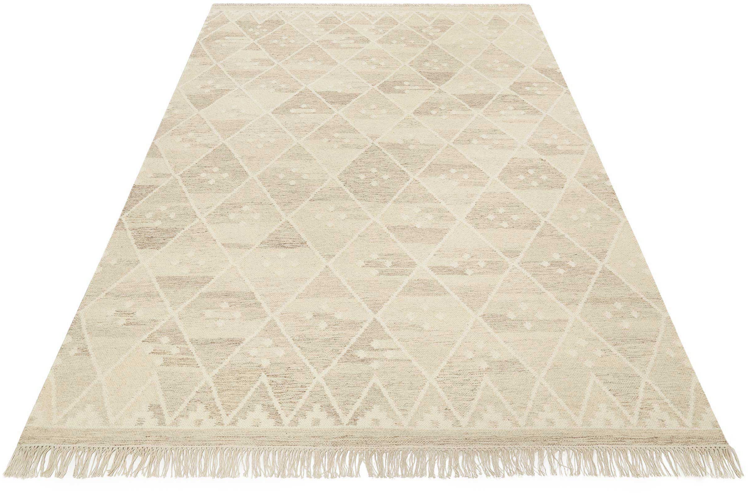 Teppich GREEN LOOOP "Vermont GL-82101", beige (beige, braun), B:80cm H:5mm L:150cm, Baumwolle, Schurwolle, Teppiche, Teppich, handgewebter Naturfaserteppich aus 80% Wolle 20% Baumwolle, Wohnzimmer