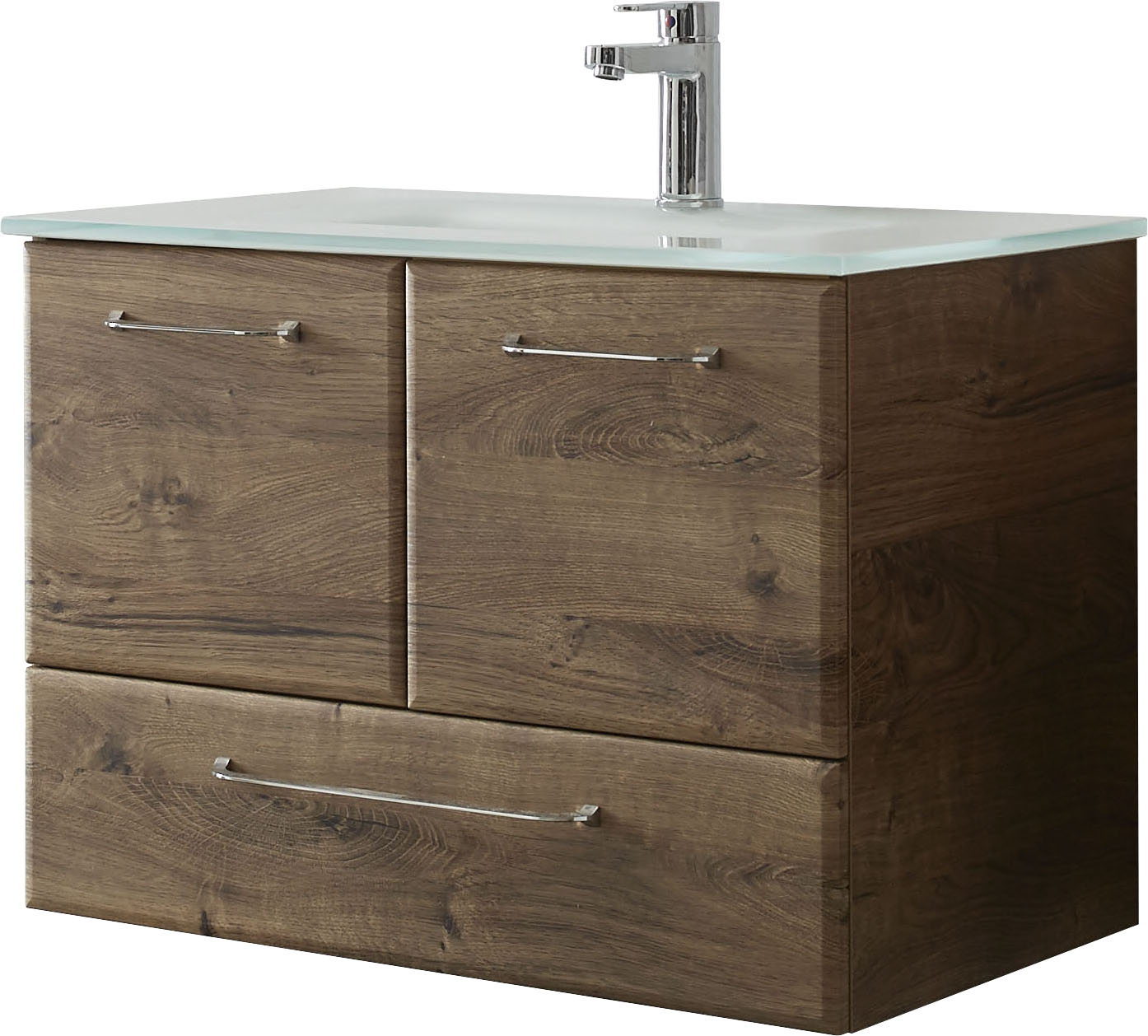 Waschtisch SAPHIR "Quickset Glaswaschtisch mit Unterschrank, 74 cm breit, Waschplatz", braun (eiche ribbeck, eiche ribbeck, eiche ribbeck), B:74cm T:44,5cm, Glas, Spanplatte, Waschtische, Griffe in Chrom Glanz, inkl. Türdämpfer, 2 Türen, 1 Schublade