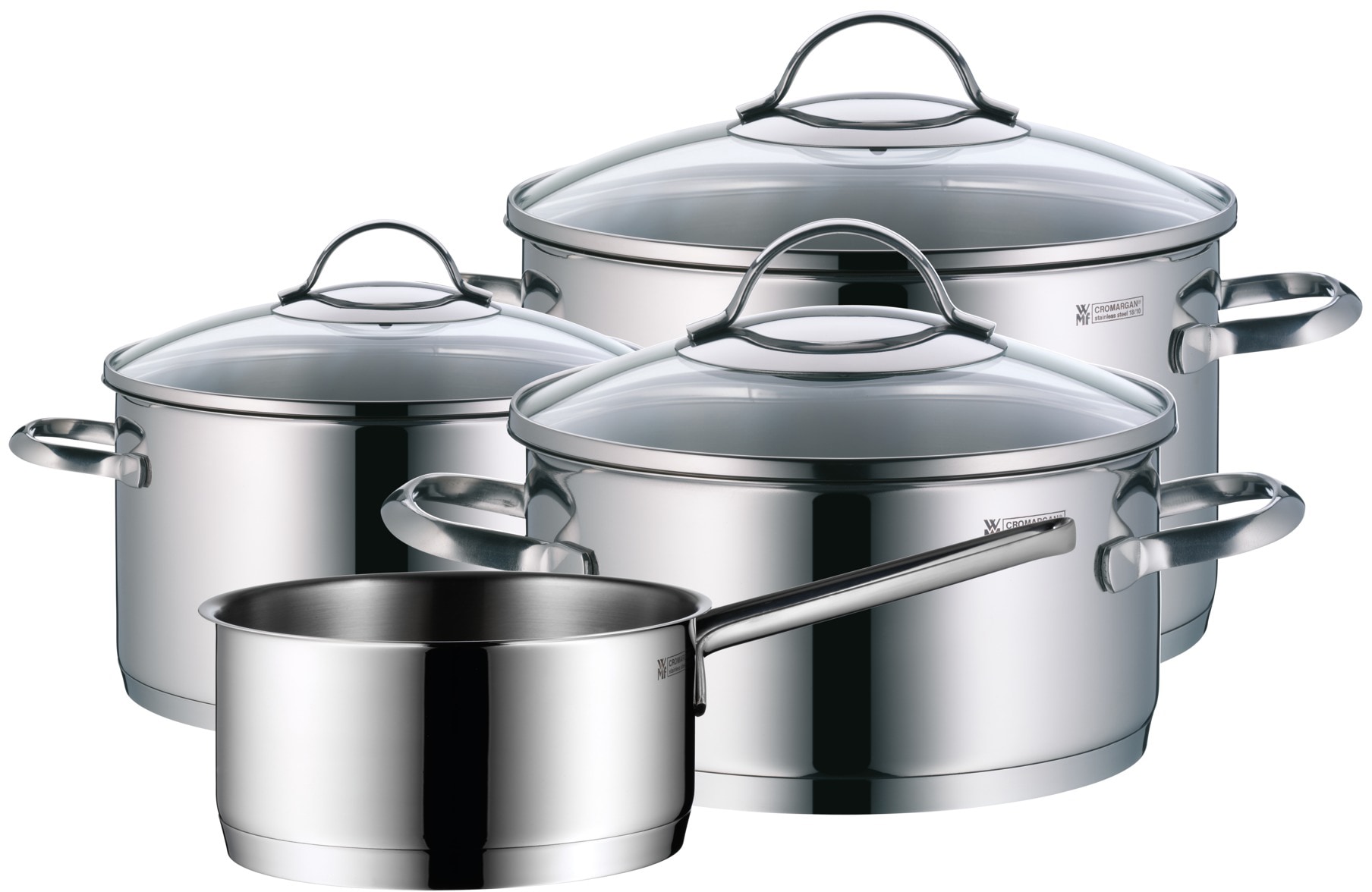 Topf-Set WMF "Provence Plus 4-teilig, Induktions Töpfe Set mit Glasdeckel", silber (edelstahlfarben), B:28,8cm H:21,8cm L:52,7cm, Töpfe, unbeschichtet, für alle Herdarten geeignet, ohne Innenskalierung