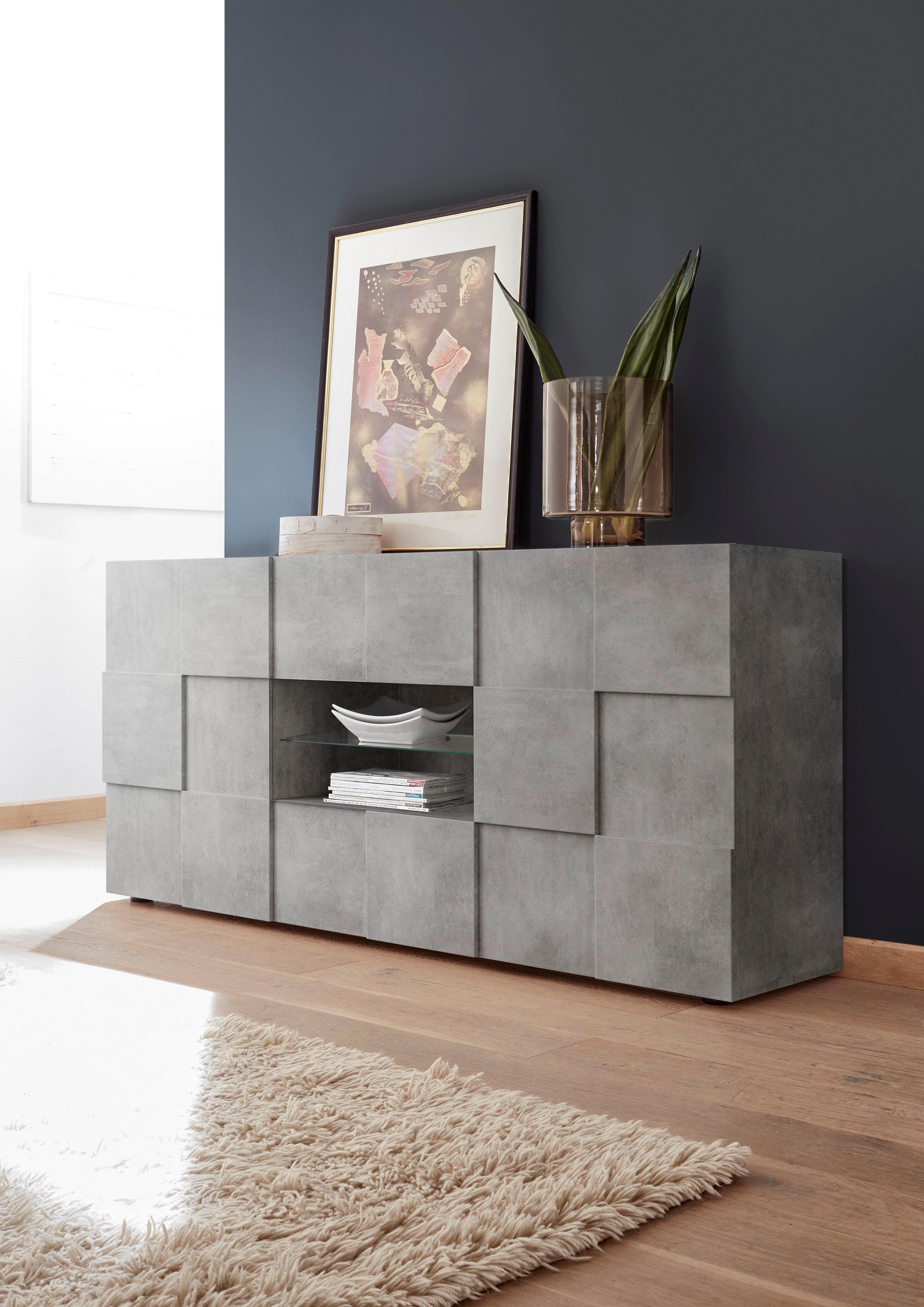 Sideboard INOSIGN "Dama Breite 181, Kommode 2 Türen u. 2 Schubkästen, Anrichte", grau (beton, optik), Sideboards, Sideboard, Front in 3D-Optik, viel Stauraum, verschiedene Farben