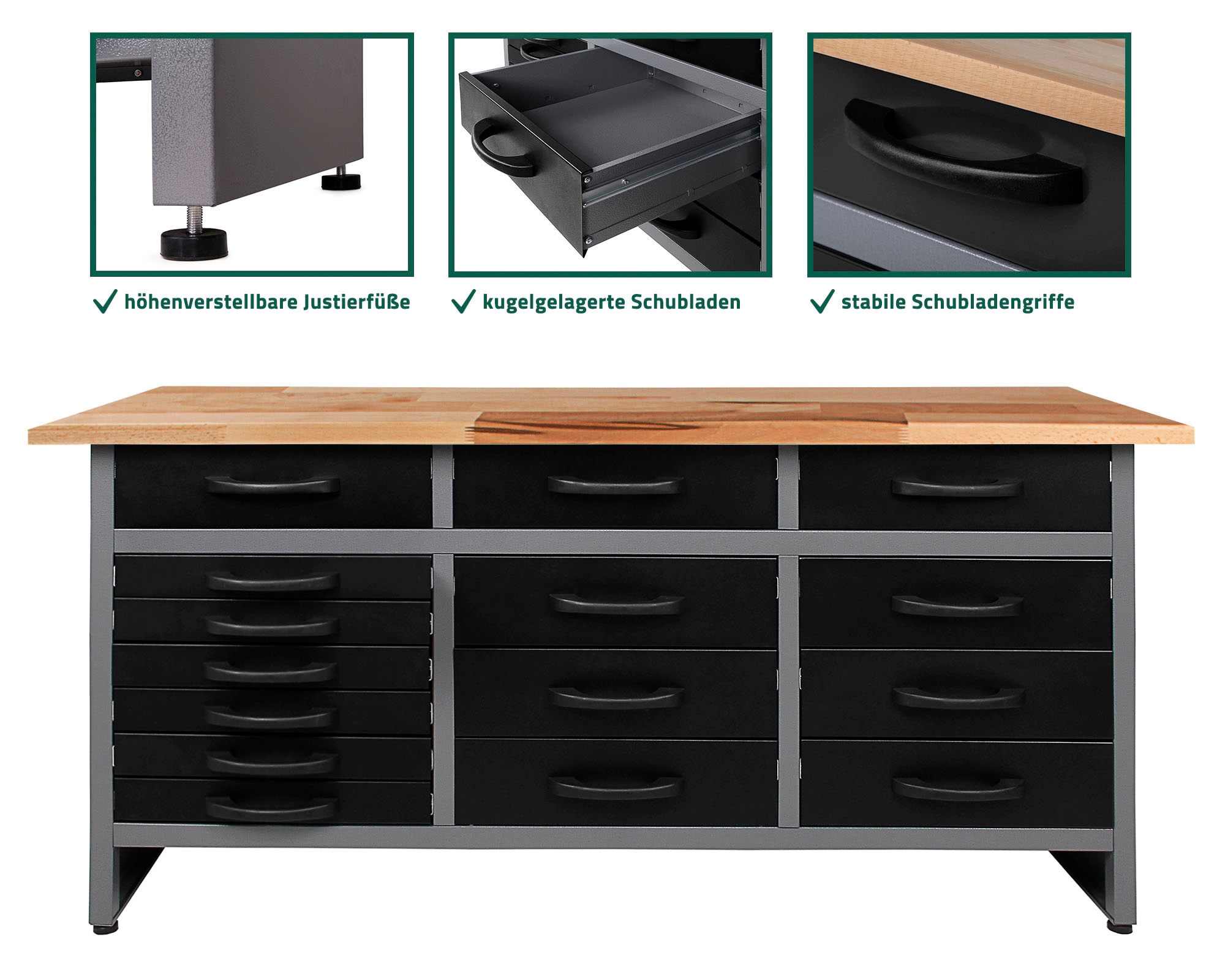 Werkbank ONDIS24 "Konny", schwarz, B:160cm H:85cm T:60cm, Edelstahl, Werkbänke