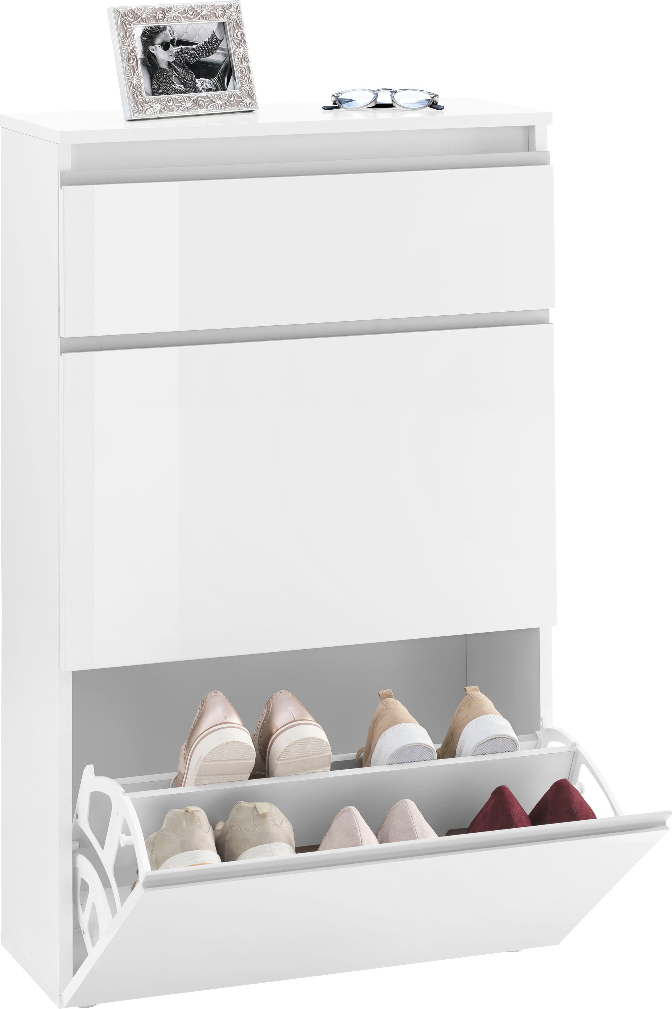 Schuhschrank HOME AFFAIRE "Magic Schuhschrank, Schuhkommode, Schuhregal, Schuhkipper, softgriff", weiß, B:60cm H:108cm T:26,5cm, FSC-zertifizierter Holzwerkstoff, Schränke, Schuhschrank, 3 Klappen, Doppelschuhtrommeln komplett Hochglanz lackiert...