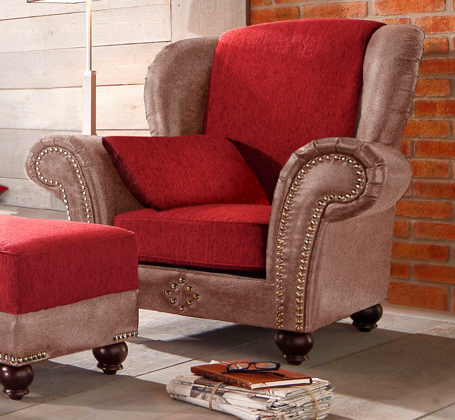 Sessel HOME AFFAIRE "King George Ohrensessel mit Ziernägeln", braun (braun, rot), B:121cm H:110cm, Korpus aus Luxus-Microfaser in Vintage-Optik (100% Polyester), Sitzfläche aus Chenillebezug (70% Polyacryl 30% Polyester), Kissen in Druckstoff (100%...