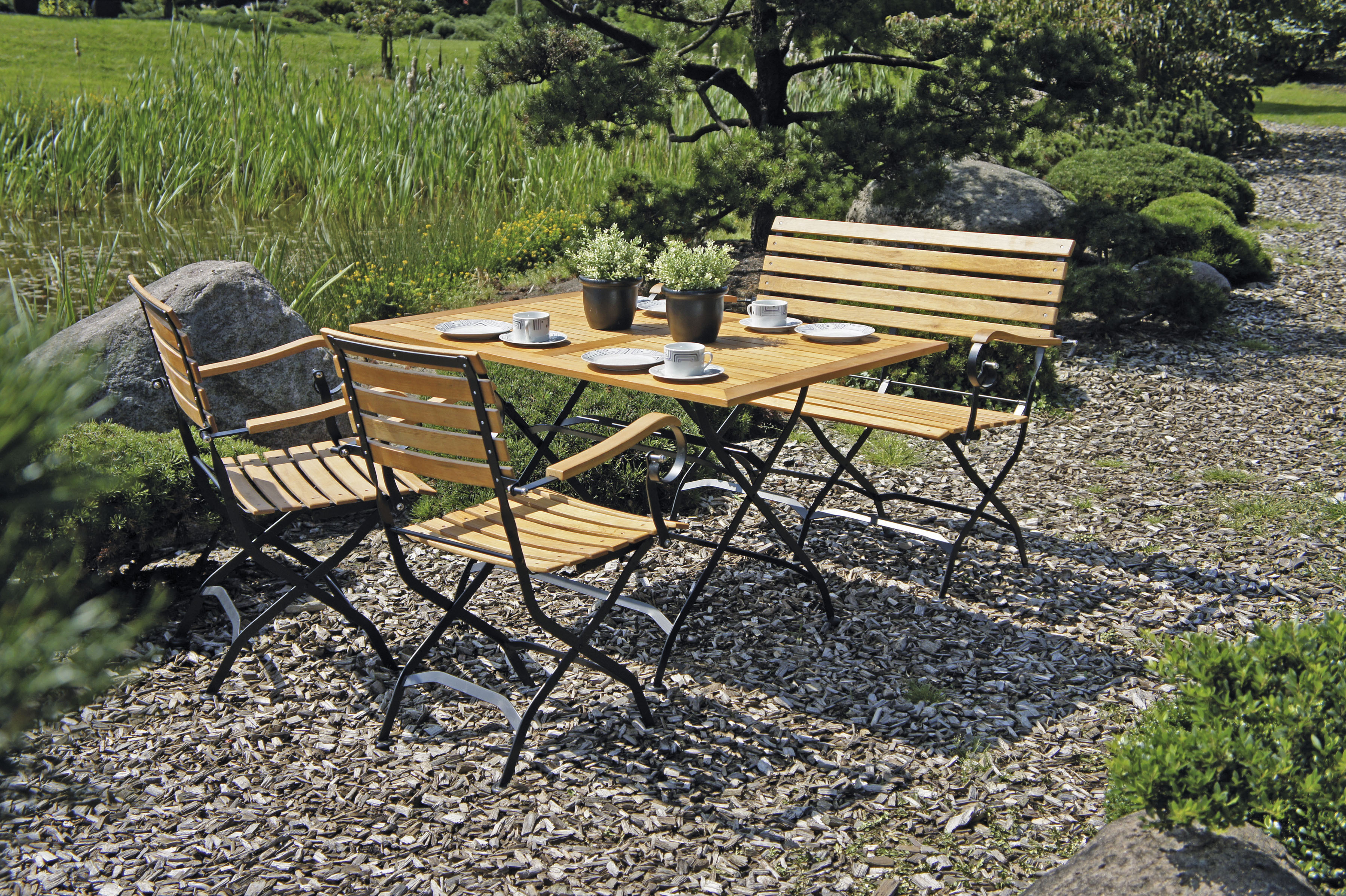 Garten-Essgruppe GARDEN PLEASURE "WIEN", braun (braun, schwarz, braun, schwarz), B:280cm H:89cm T:120cm, FSC-zertifiziertes Massivholz, Stahl, Sitzmöbel-Sets, mit praktischer Klappfunktion