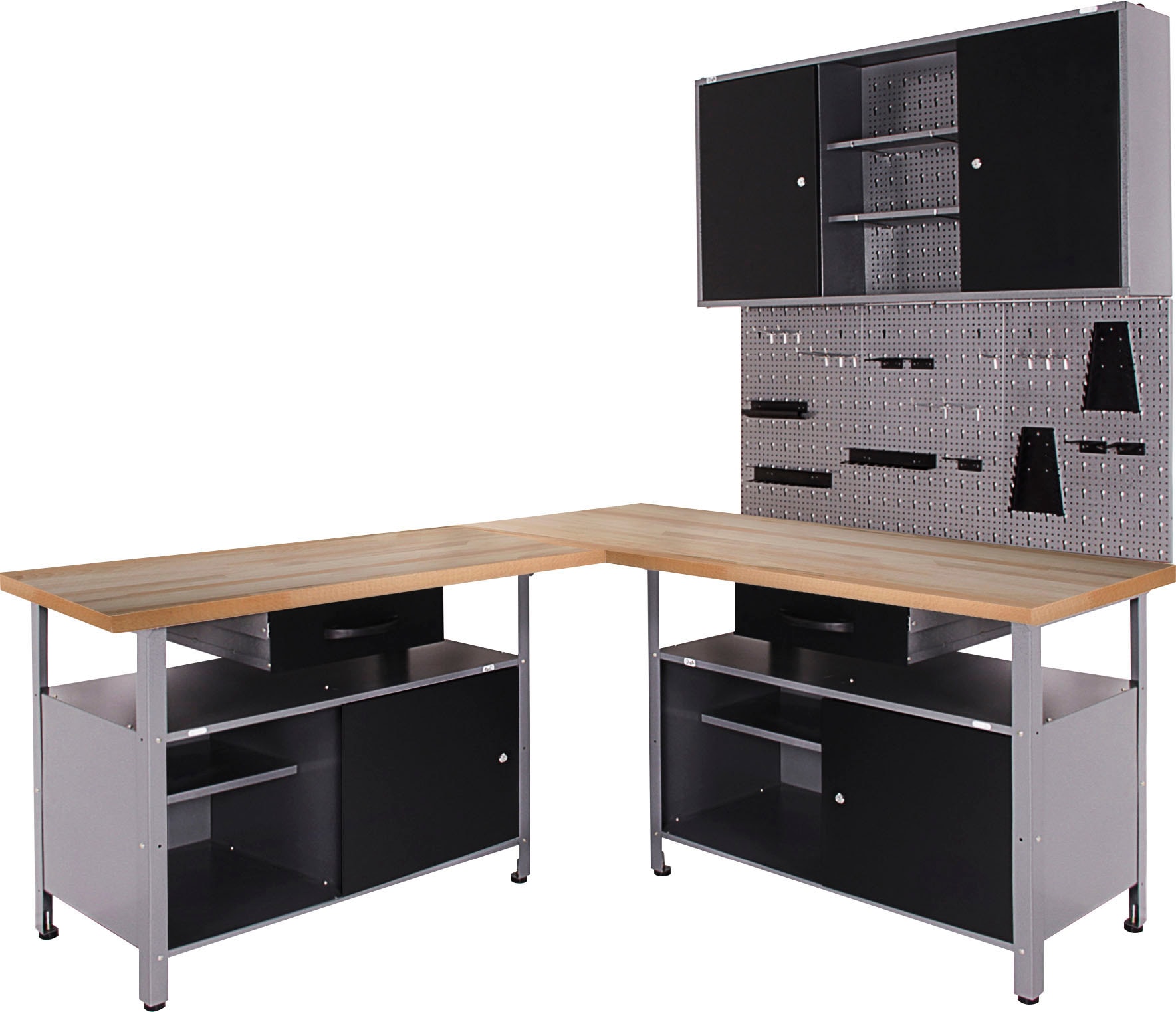 Werkstatt-Set ONDIS24, schwarz (schwarz, anthrazit), B:120cm H:205cm T:60cm, Metall, Werkbänke, mit 2 Werkbänken, Werkzeugschrank & Lochwand