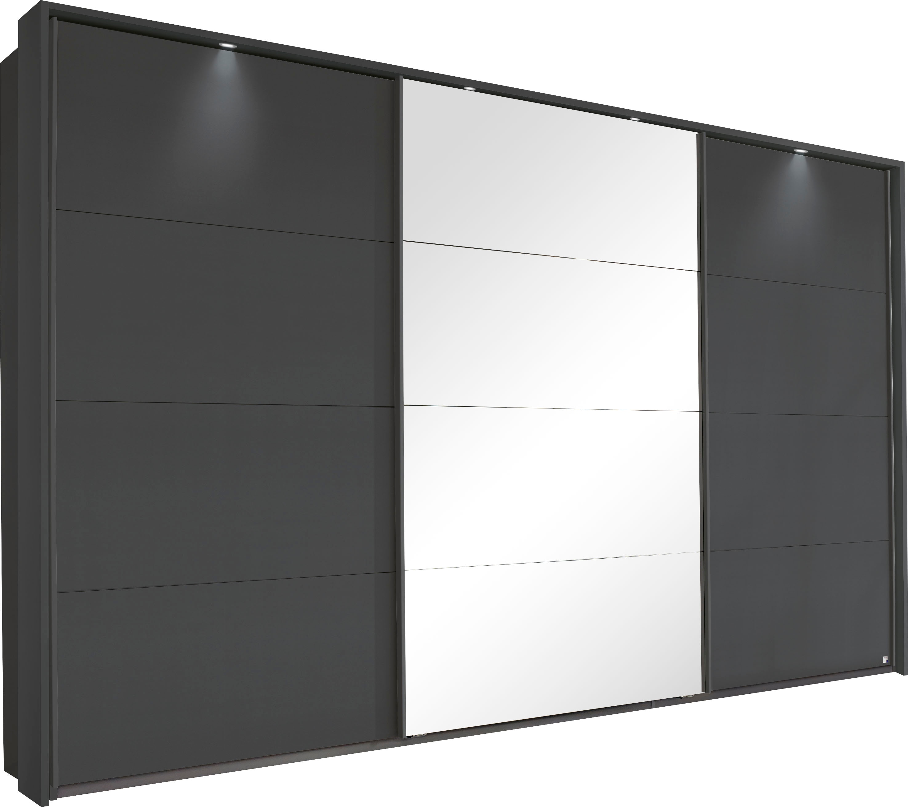 Schwebetürenschrank RAUCH "Kleiderschrank Schrank Garderobe Schlafzimmerschrank TUBONA", grau (graumetallic), B:368cm H:233cm T:64cm, Holzwerkstoff, Schränke, Schwebetürenschrank Kleiderschrank, mit umfangreicher Innenausstattung und Passepartout...