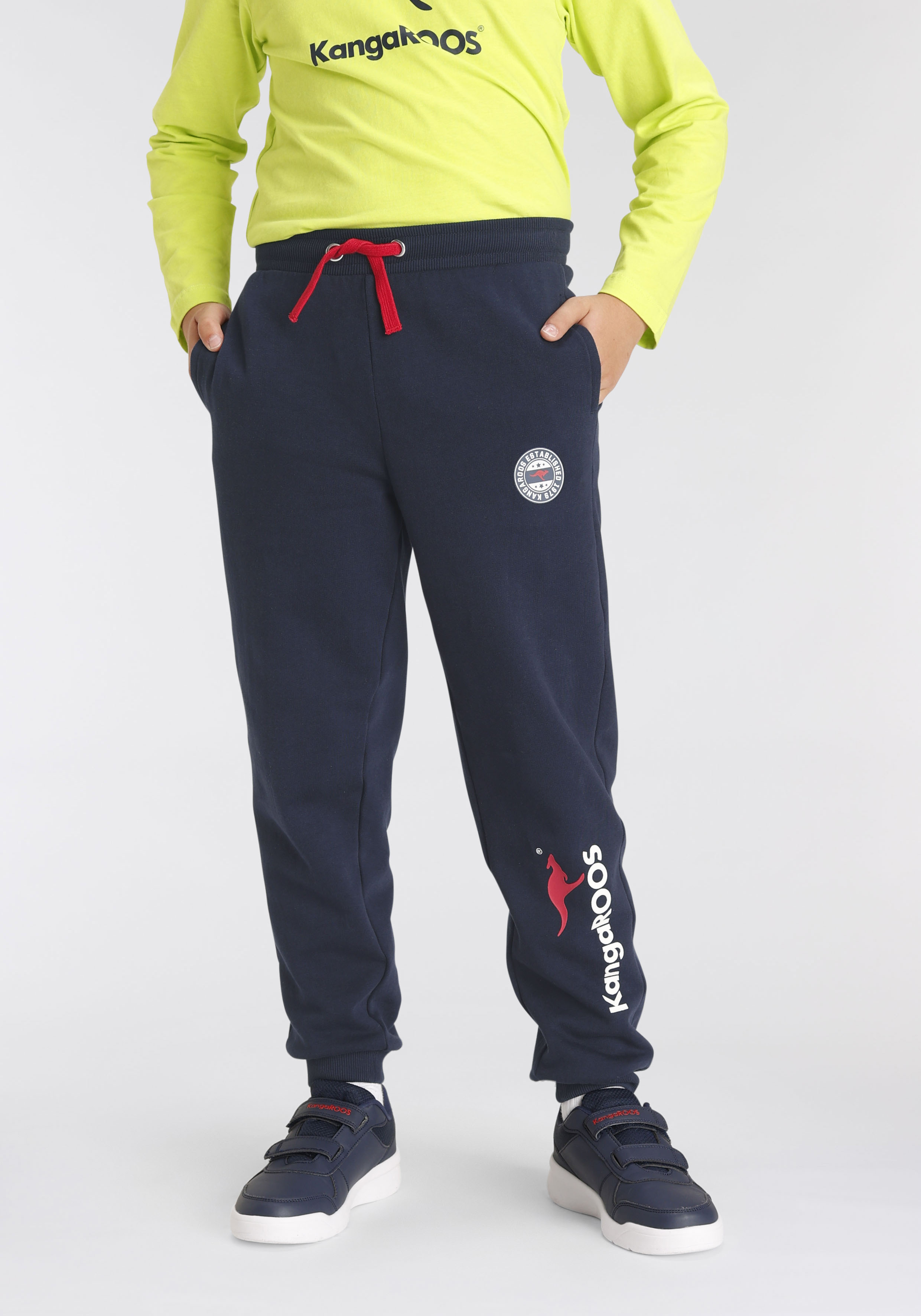 Sweathose KANGAROOS "Jogginghose für Jungen", Jungen, Gr. 140/146, N-Gr, blau (marine), Sweatware, Obermaterial: 100% Baumwolle, bedruckt, Basic lang, Hosen, Logo-Drucken Image