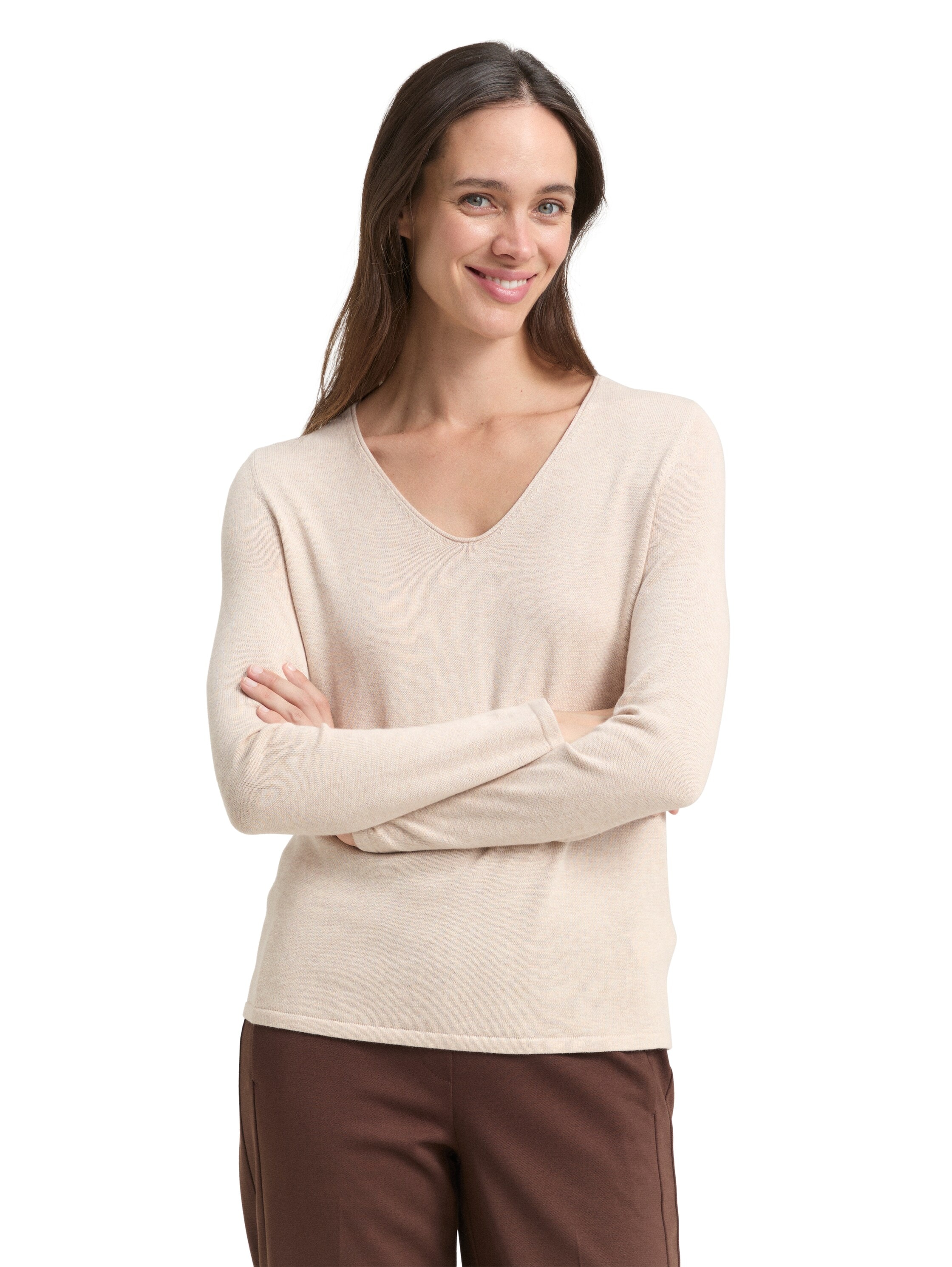 V-Ausschnitt-Pullover TOM TAILOR, Damen, Gr. L (40), beige (hellbeige, meliert), Feinstrick, Obermaterial: 60% Baumwolle, 40% Viskose, unifarben, figurbetont hüftlang, V-Ausschnitt, eng Flachstrickbündchen, Pullover, aus Feinstrick