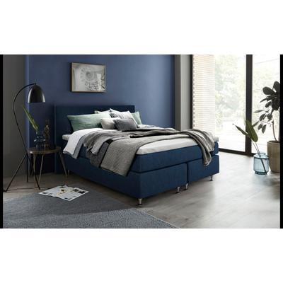 Boxspringbett INOSIGN "Zahara", blau (dunkelblau), B:180cm L:200cm, Komplettbetten, Boxspringbett, inkl. Topper, besonderes Highlight: aufgenähten Jeanstaschen - Optik Image