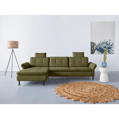 Ecksofa INOSIGN "Birkholm L-Form", grün (olive), B:267cm H:83cm T:174cm, 98% Polyester 2% Polyamid, Sofas, Armlehnverstellung, auch in Easy Clean Bezug - mit Wasser zu reinigen Image