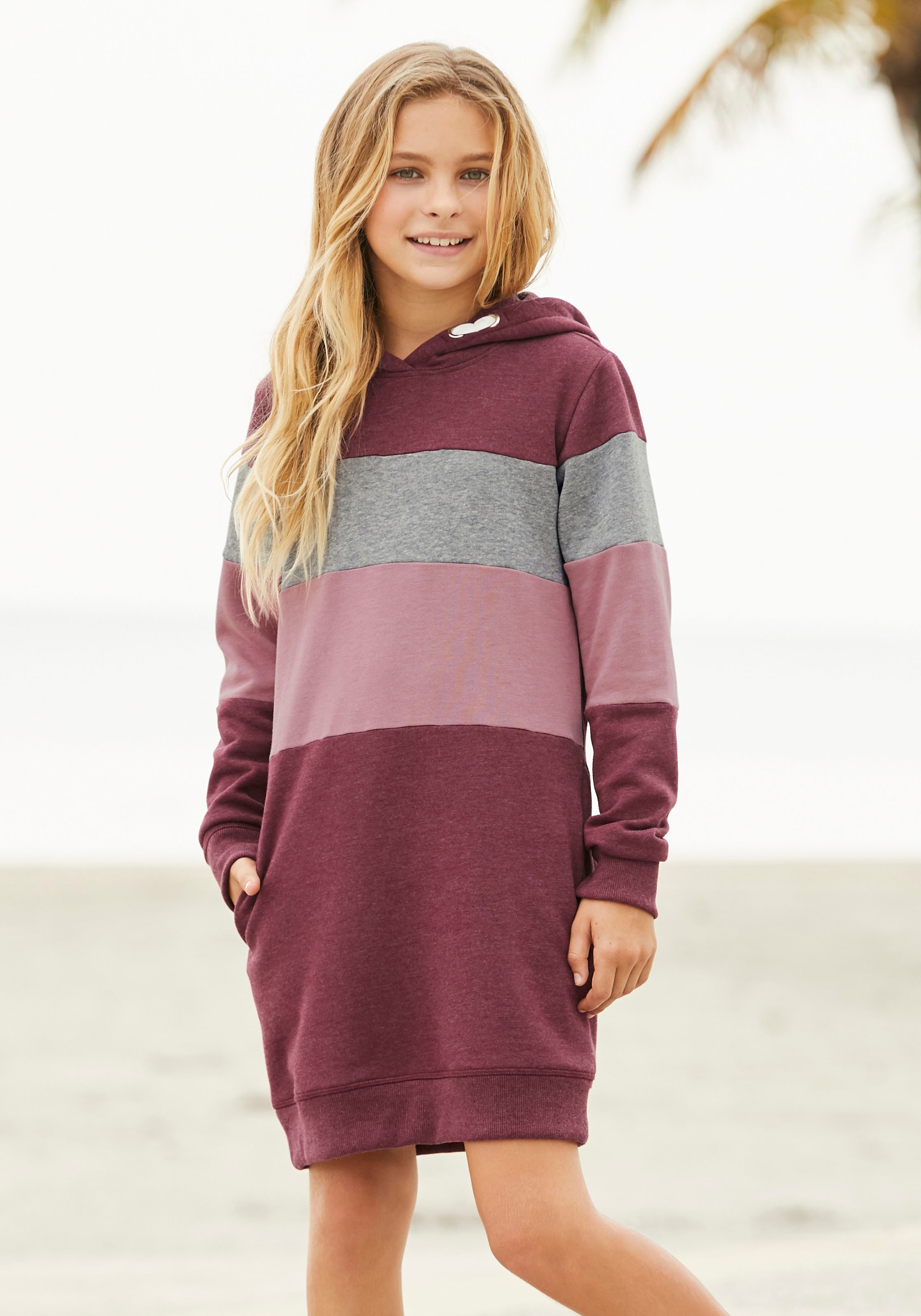 Sweatkleid KIDSWORLD, Mädchen, Gr. 164/170, N-Gr, bunt (bordeaux, rosa), Sweatware, Obermaterial: 60% Baumwolle, 40% Polyester. Einsatz: 85% Baumwolle, 15% Viskose, mehrfarbig, unifarben mit Farbeinsätzen, tailliert Mitte Oberschenkel, Bündchen,... Image