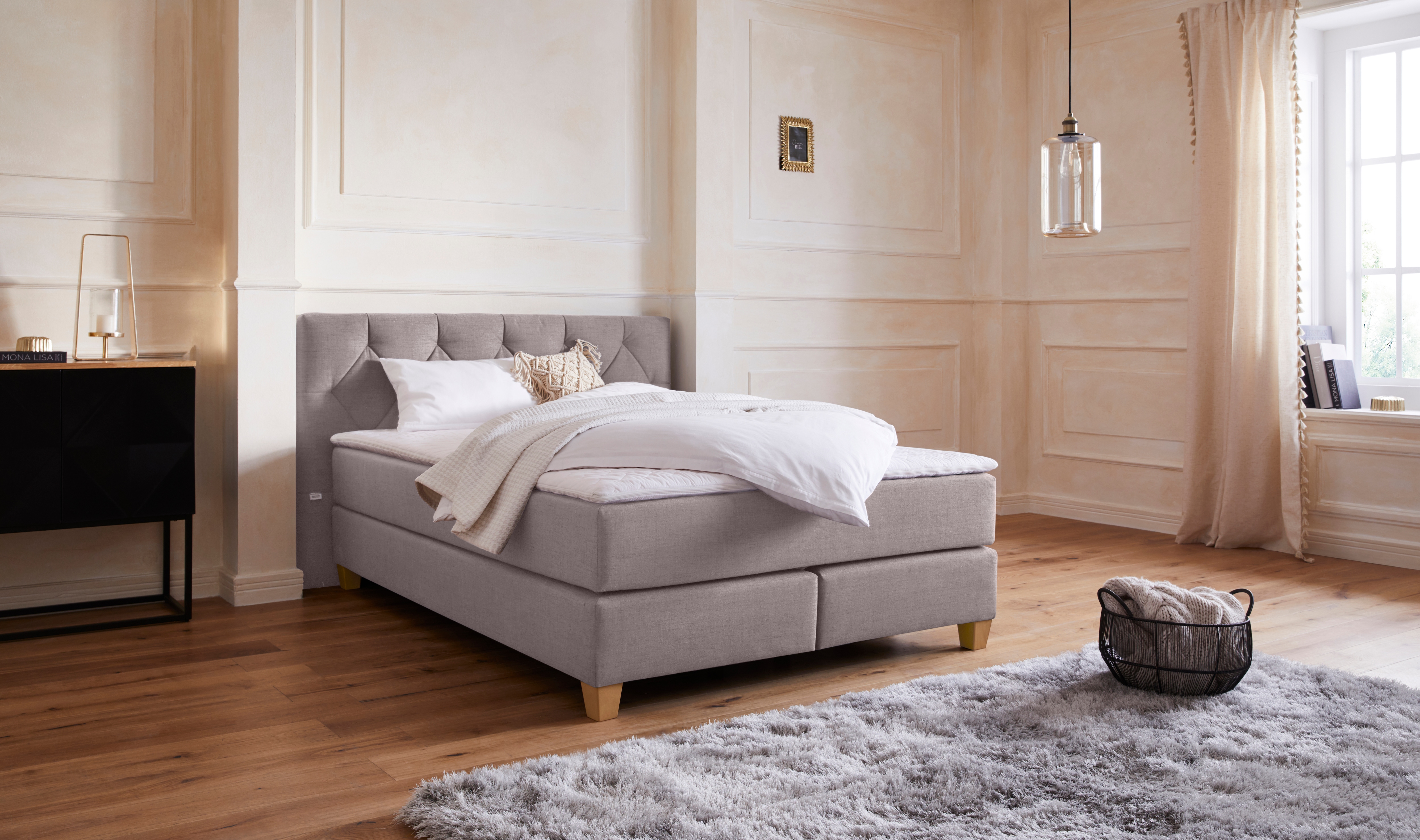 Boxspringbett HOME AFFAIRE "Harmones", grau (hellgrau), B:163cm L:210cm, Struktur (100% Polyester), Komplettbetten, Boxspringbett, in 3 Breiten, Härtegrad auch im Mix mit je 1 Matratze in H2 und H3 Image