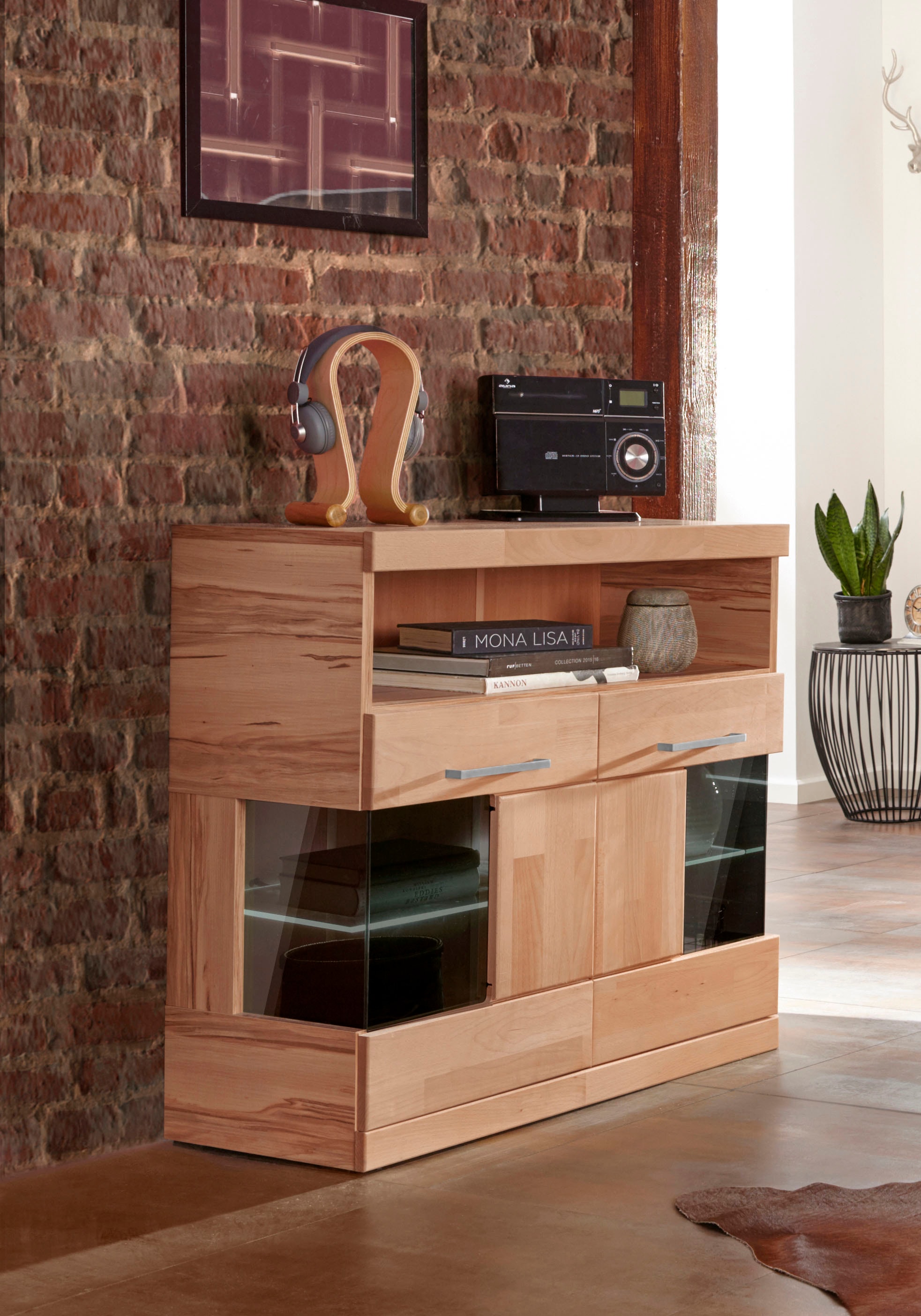 Kommode HOME AFFAIRE "Ribe 85cm breit,35 cm tief, Fronten Massivholz,2 Türen mit Glaseinsatz", beige (kernbuche teilmassiv), B:85cm H:80cm T:35cm, Holz teilmassiv, Sideboards, Holz massiv, Holzwerkstoff,3 breite Fächer