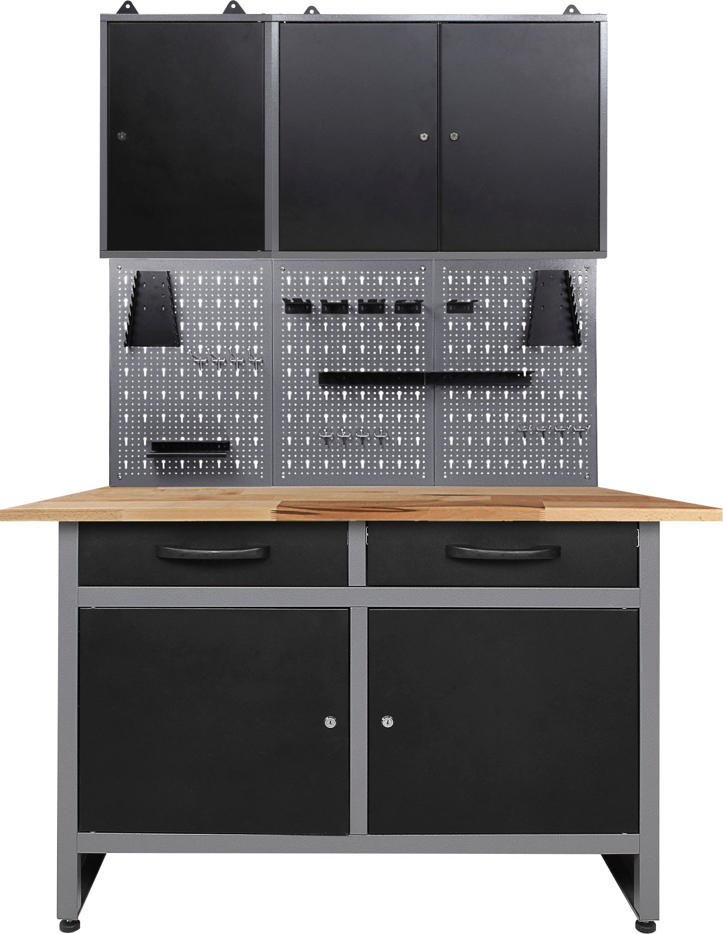 Werkstatt-Set ONDIS24, schwarz (anthrazit, schwarz, grau), B:120cm H:205cm, Massivholz, Metall, Werkbänke, 120 cm, mit Lochwandsystem inkl. Haken