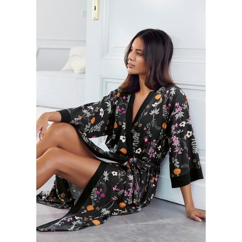 Kimono LASCANA Gr. 32/34, schwarz Damen Bademäntel Morgenmäntel mit Wildblumen Muster