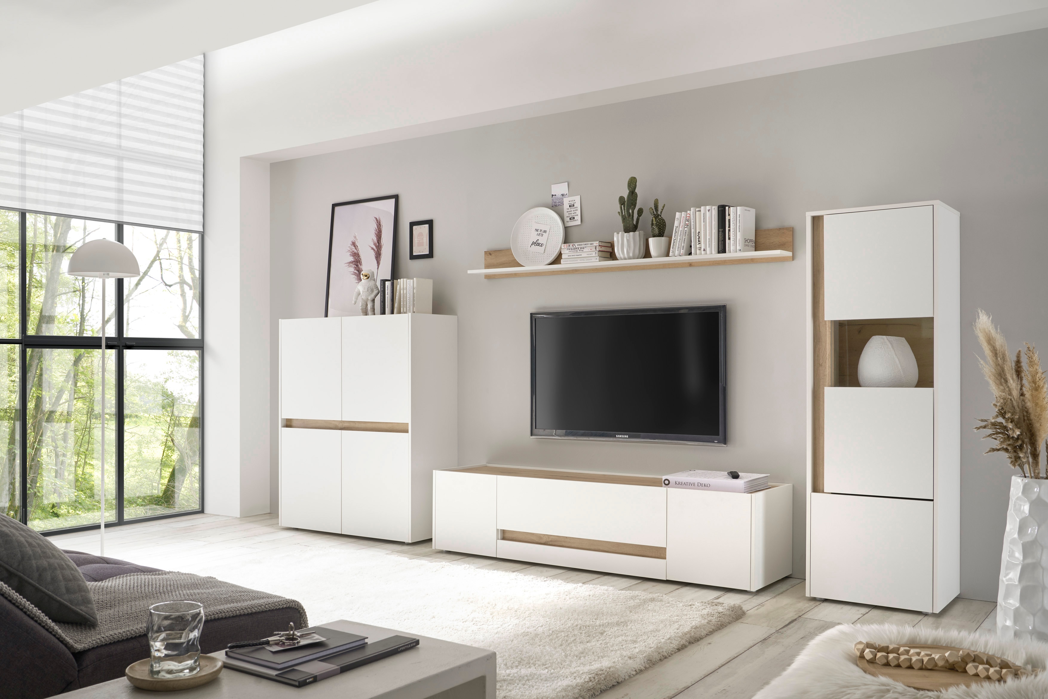 Wohnwand INOSIGN "Giron", weiß (weiß, wotan eiche), B:350cm H:155cm T:45cm, Holzwerkstoff, Kastenmöbel-Sets, Moderne Wohnwand Wohnwand