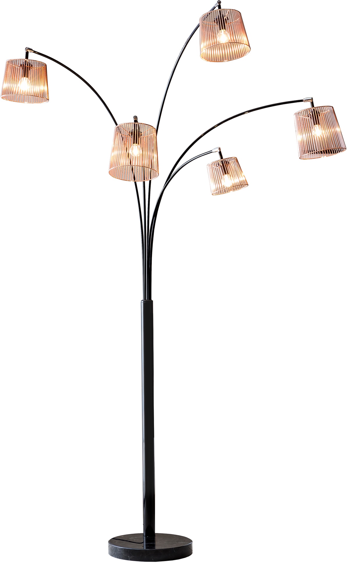 SALESFEVER Stehlampe "Karlis", schwarz (schwarz, kupferfarben), 5, H: 213cm, 1 Stk., Leuchten, 5 bewegliche Arme, Dimmschalter, echter Marmorfuß, Bogenlampe