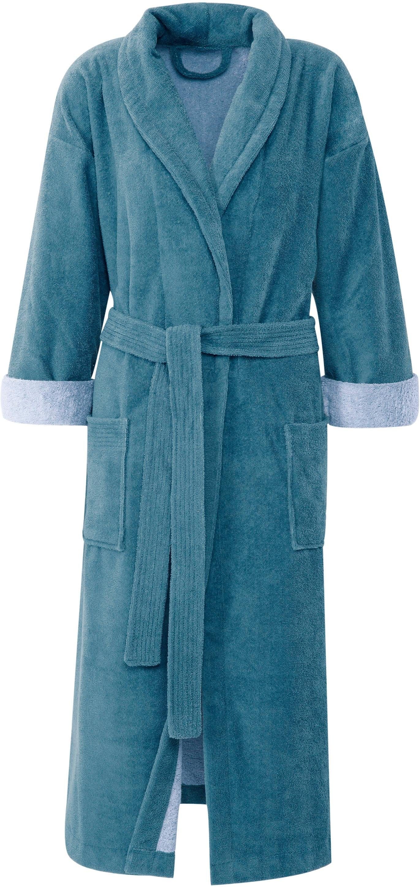 Unisex-Bademantel GÖZZE "Turin, ideal für Sauna & Spa, Hotelbademantel, Morgenmantel" Gr. XXL, blau, L:128cm, Baumwoll-Mix, Hausmäntel, Bademantel, für Damen & Herren, mit Gürtel und zwei aufgesetzten Taschen, lang Image