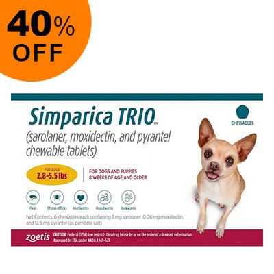 Simparica Trio For Dogs 2.8-5.5 Lbs (Gold) 6 Doses - Get 40% Off Today