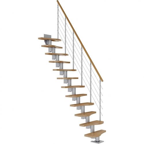 DOLLE Mittelholmtreppe Basel, inkl. einseitigem Edelstahlgeländer, Edelstahl (perlgrau), 222 cm – 270 cm,Eiche