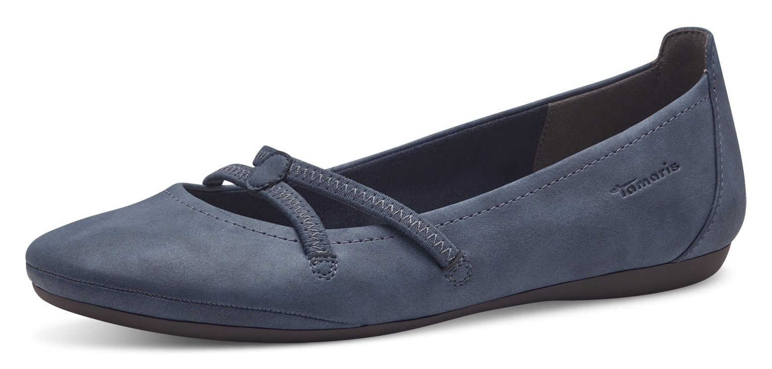 Ballerina TAMARIS "Caterina", Damen, Gr. 37 (4,5), blau (navy), Lederimitat, Schuhe Ballerina, Flats, Festtagsmode, Slipper mit Gummizugriemchen